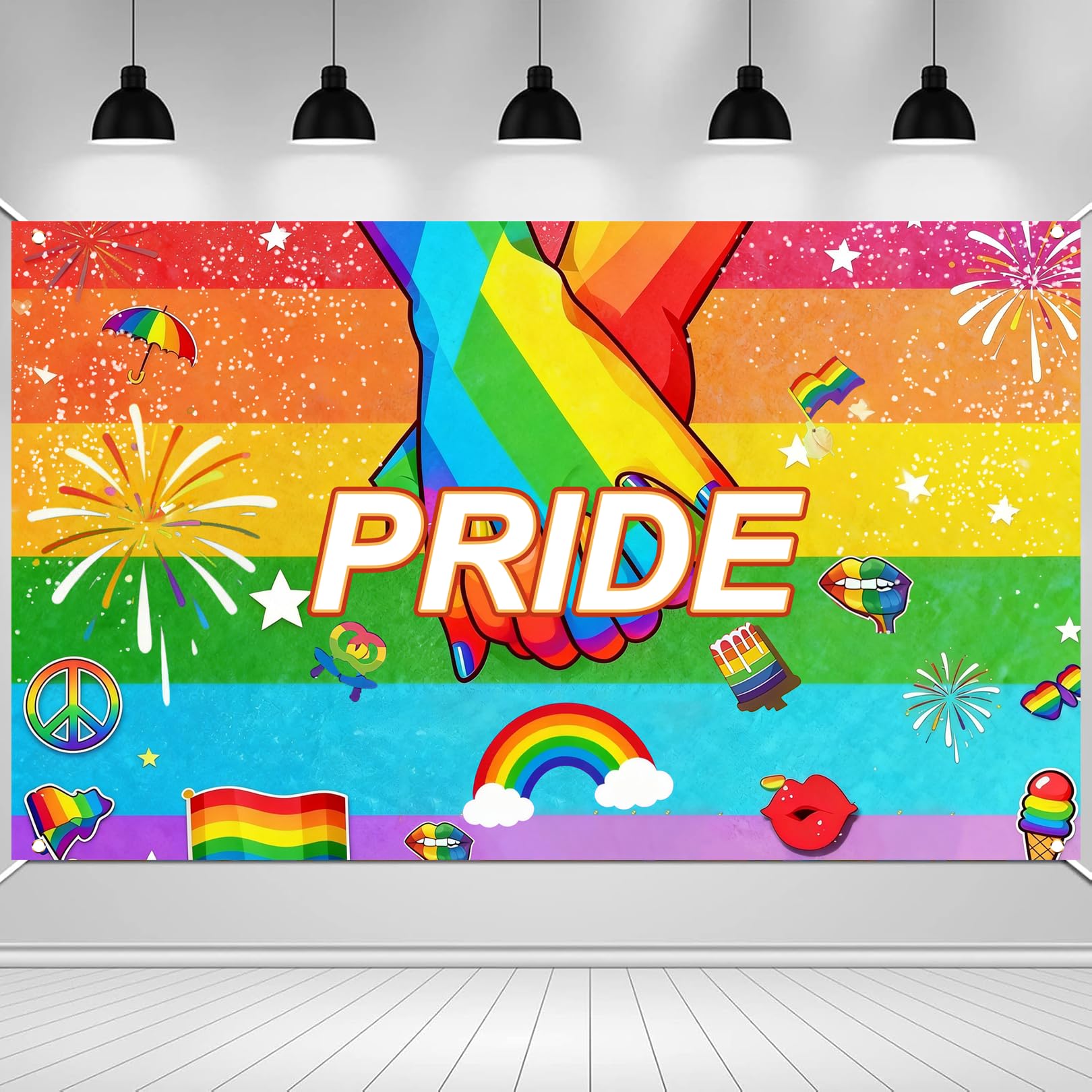 Pride Decorations Backdrop Banner, Pride Hands Flag 3.6 * 5.9Ft Large Rainbow Gay Pride Indoor/Outdoor LGBTQ Hanging Flag Sign Rainbow Photo Booth Background for Gay Prides Party Decoration