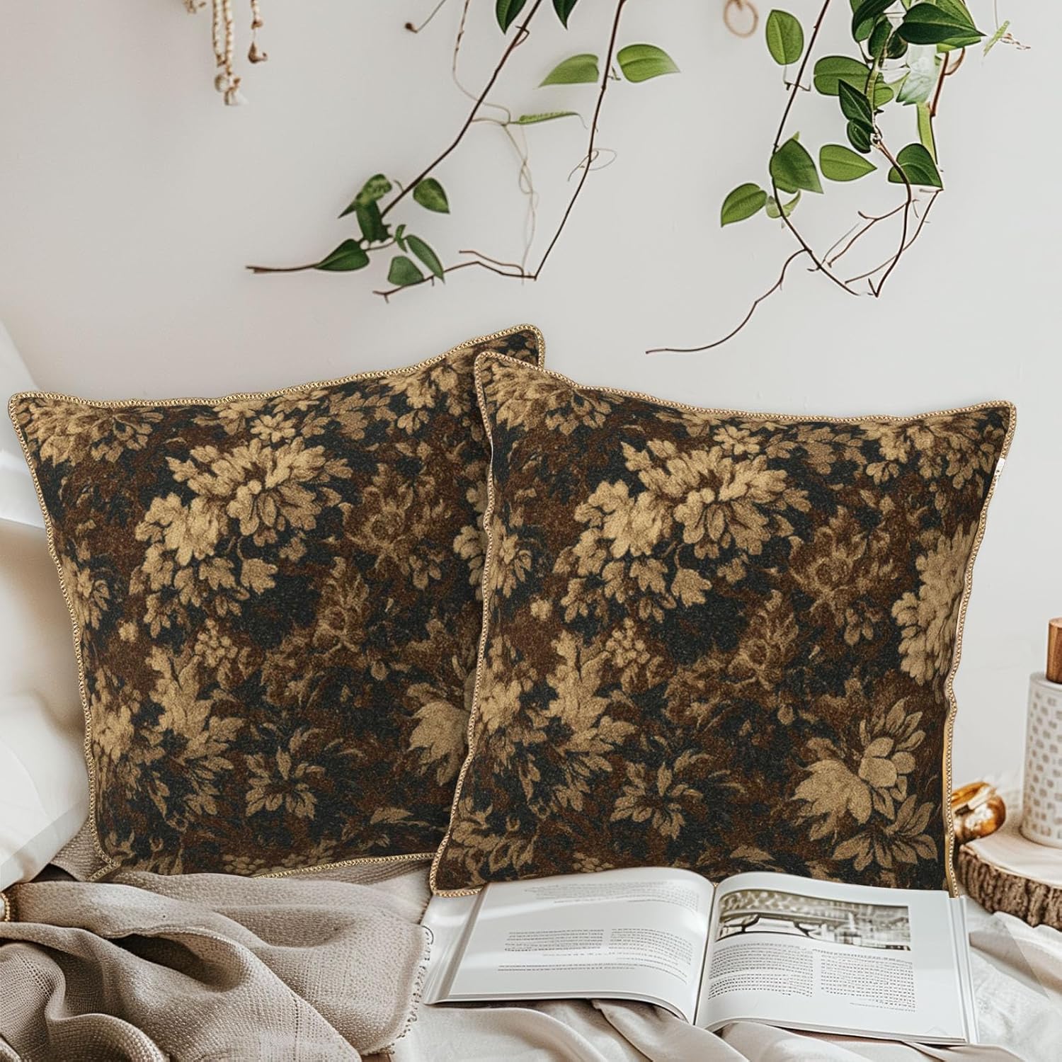 Vintage Dark Brown Flowers Velvet Pillow Covers 18x18 Inch Boho Retro Abstract Floral Throw Pillows for Couch Cushion Covers Pillowcase Bohemian Farmhouse Pillow Cases for Sofa Bed Bedroom - Image 8