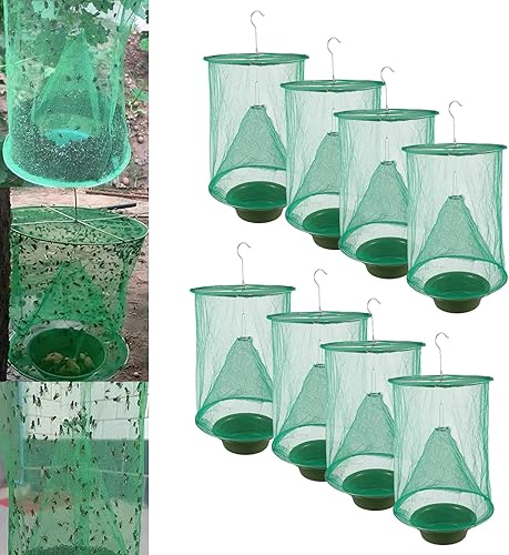 Paquete de 8 trampas para moscas al aire libre, trampa estable para moscas, jaula reutilizable para matoscas de moscas, bolsa para atrapar moscas de