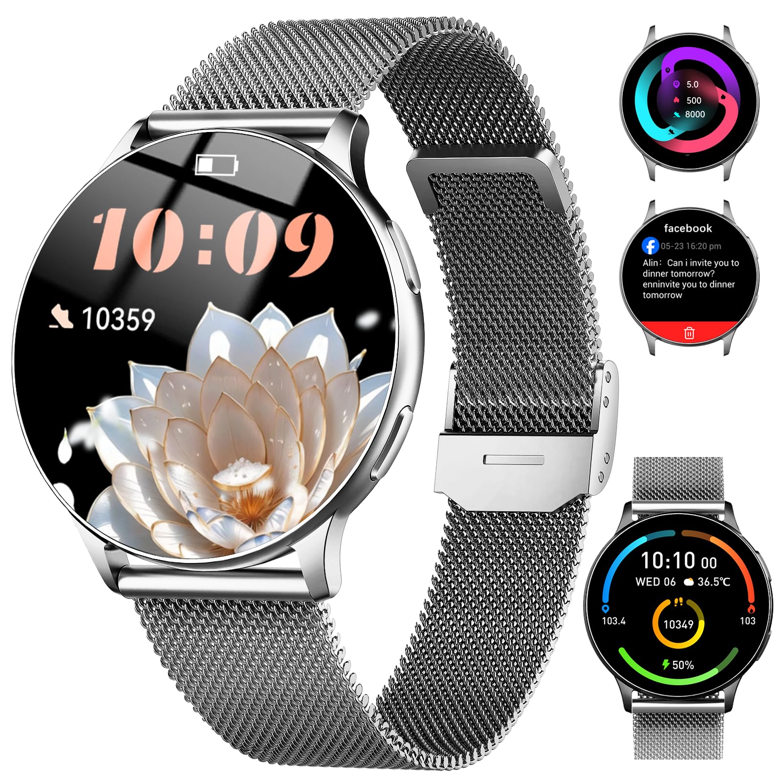 Jugeman Smart Watch for Women, Womens Watch with 24/7 Health Tracking, Bluetooth Calls, Step Heart Rate Sleep Monitor, IP68 Waterproof Wrist Smartwatch for Work Sports, Gift for Women (Silver)