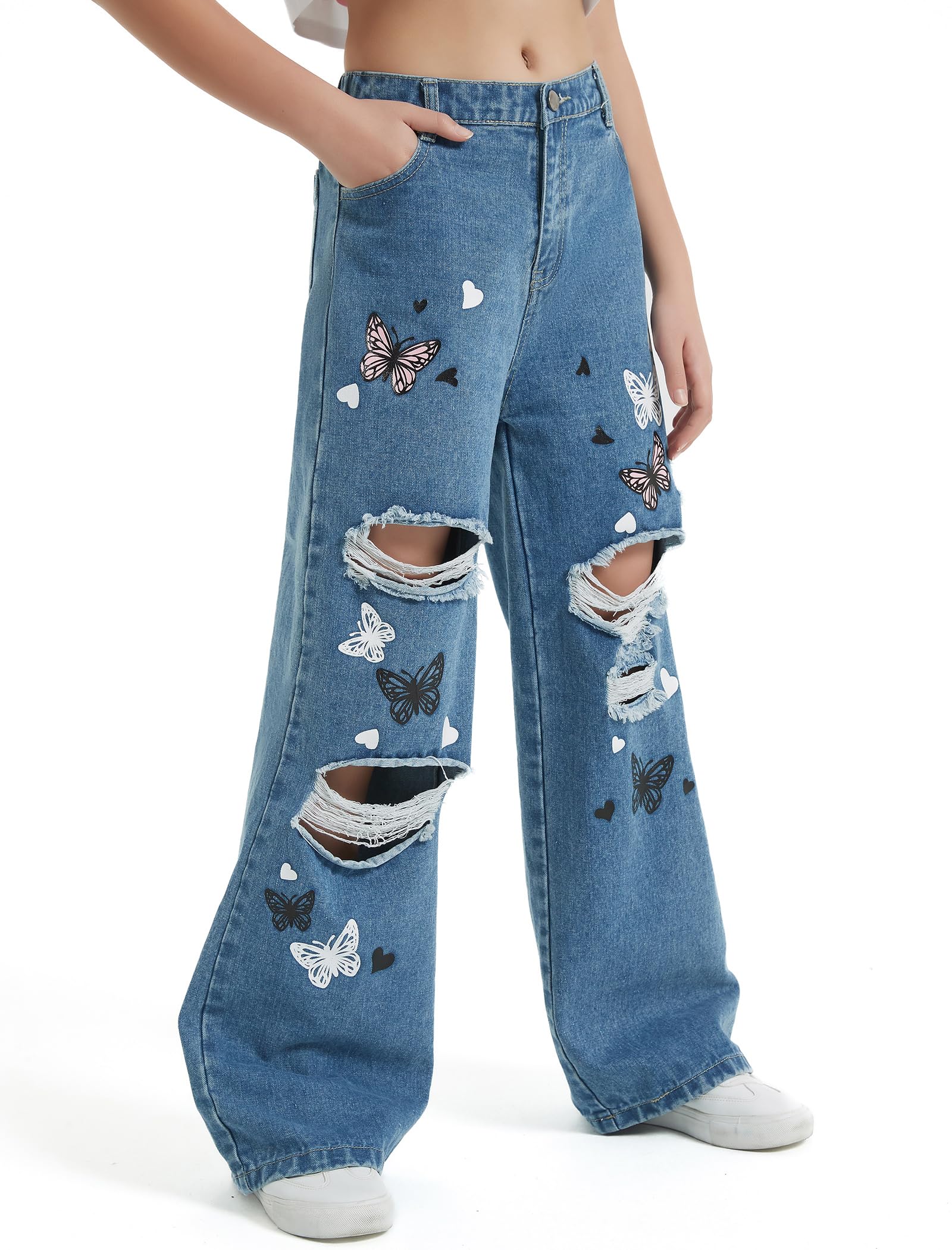 EXARUS Pantalones de mezclilla holgados para niñas, pierna ancha, acampanados, ajustados, para adolescentes, ropa de mezclilla rasgada, ropa preppy casual, para niños de 6 a 14 años