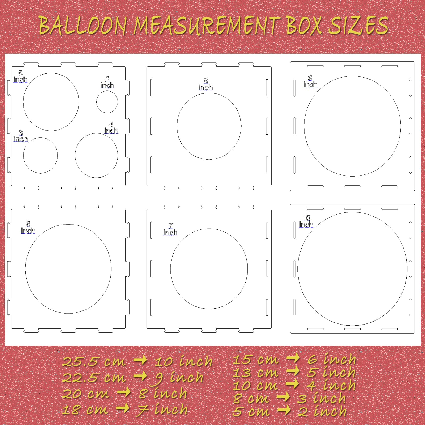 Scatola di misurazione per palloncini pieghevole in legno, strumento di misurazione per palloncini a 9 fori, per decorazioni di palloncini, kit per arco di palloncini (5-25 cm)
