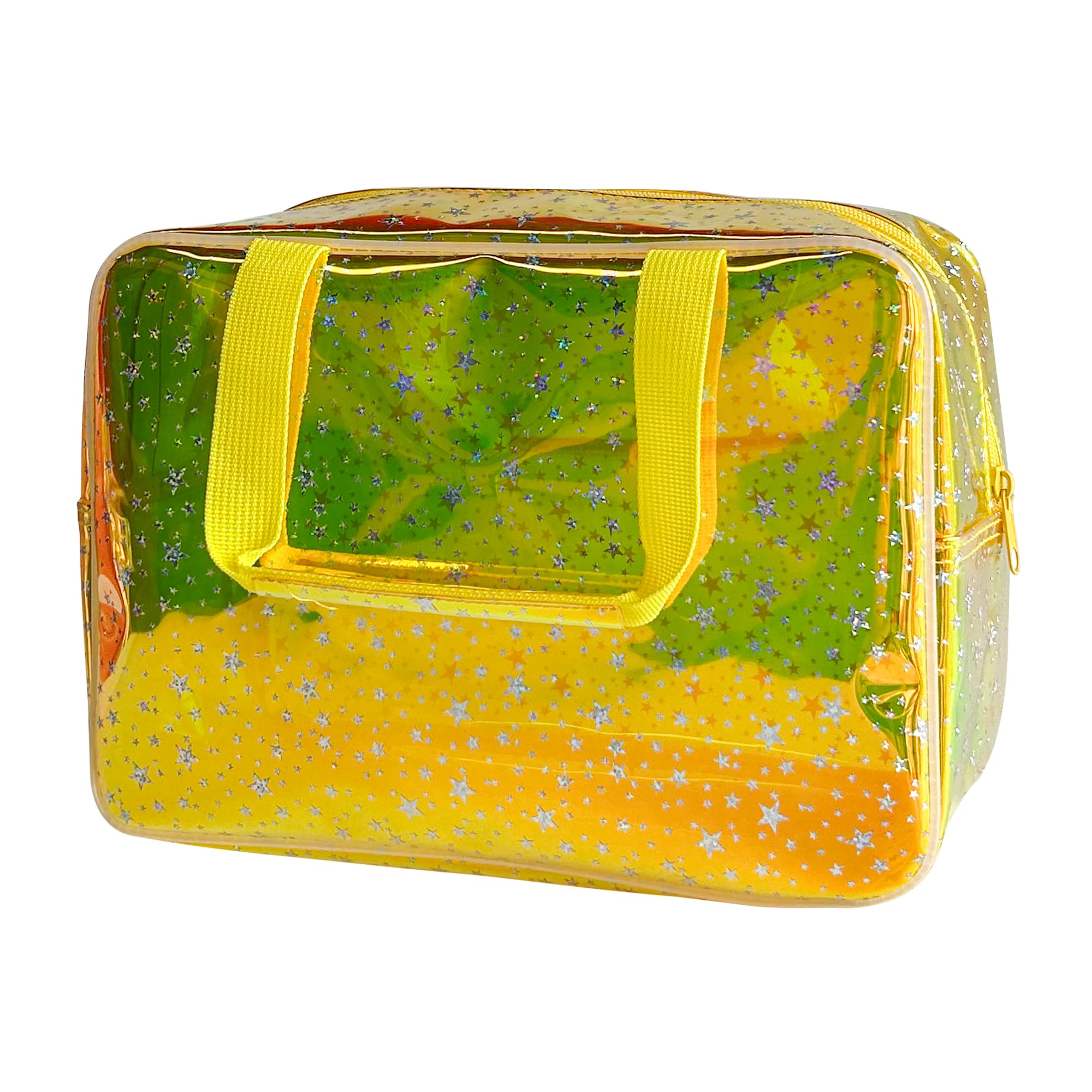 Holographic Yellow Clear Star Large Cosmetic Bag and TPU Travel Pouch with Handle Durable Material Zipper Design-Ideal for