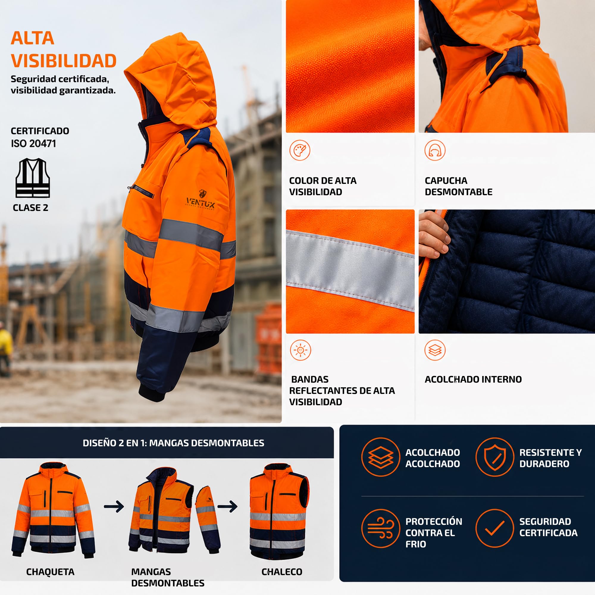 Chaqueta de alta visibilidad naranja – Ropa laboral reflectante EN ISO 20471 – Protección térmica para invierno