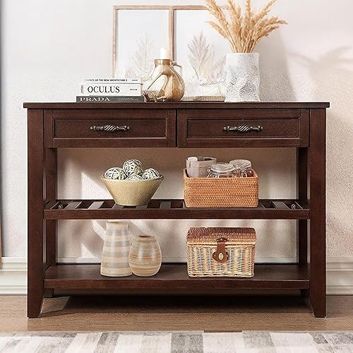 LKTART Mesa Consola de Madera Maciza Mesas de Sofá con Cajones y Estantes Mesa Pequeña de Entrada para Sala de Estar, Decorativa, Vestíbulo (42"