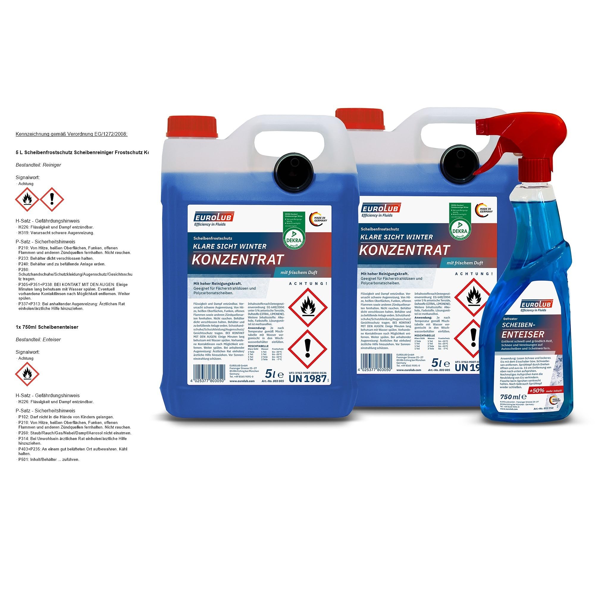 EUROLUB 2x Scheibenfrostschutz Konzentrat Klare Sicht Winter 5l bis -60° Frostschutzmittelkonzentrat Scheibenwaschanlage + 1x 750 ml Scheibenenteiser Spray Eisenentferner ohne kratzen
