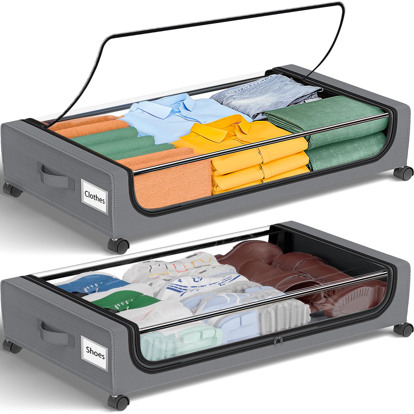 GoMaihe Under Bed Storage with Wheels: XXL Underbed Storage Containers with Lids - Rolling Bins for Shoes Clothes in Dorm Bedroom - Metal Drawers Easy Pull-out Grey 2-Pack