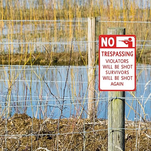 Miniatura 4 de TISOSO Letreros de advertencia de seguridad con texto en inglés No Trespassing Violators Will Be Shot Again (No Trespassing Violators Will Be Shot