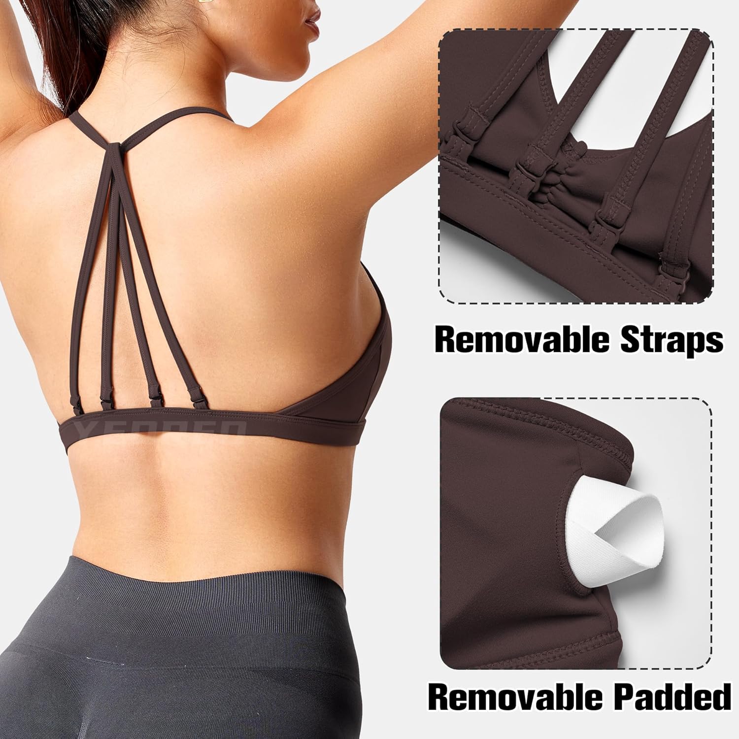 YEOREO Workout Sports Bras for Women Padded Strappy Open Back Gym Bra Light Impact Criss Cross Yoga Crop Top - Image 2