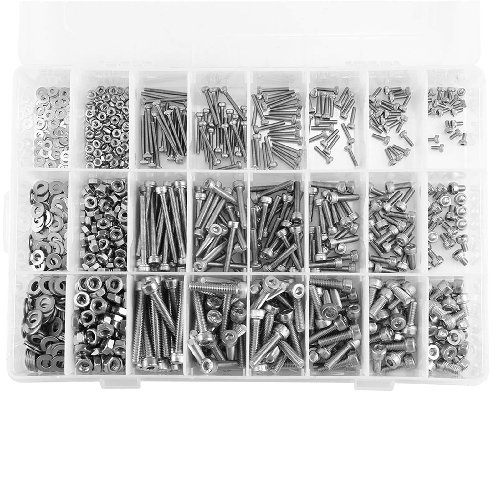 Vis à tête cylindrique à six pans creux 1080pcs M2 M3 M3 M3 M4 Socket Hex Set Set En Acier Inoxydable Vis Vis Boulons Nuts Rondelles plats Kit d'assortiment avec boîte de rangement Haute résistance et