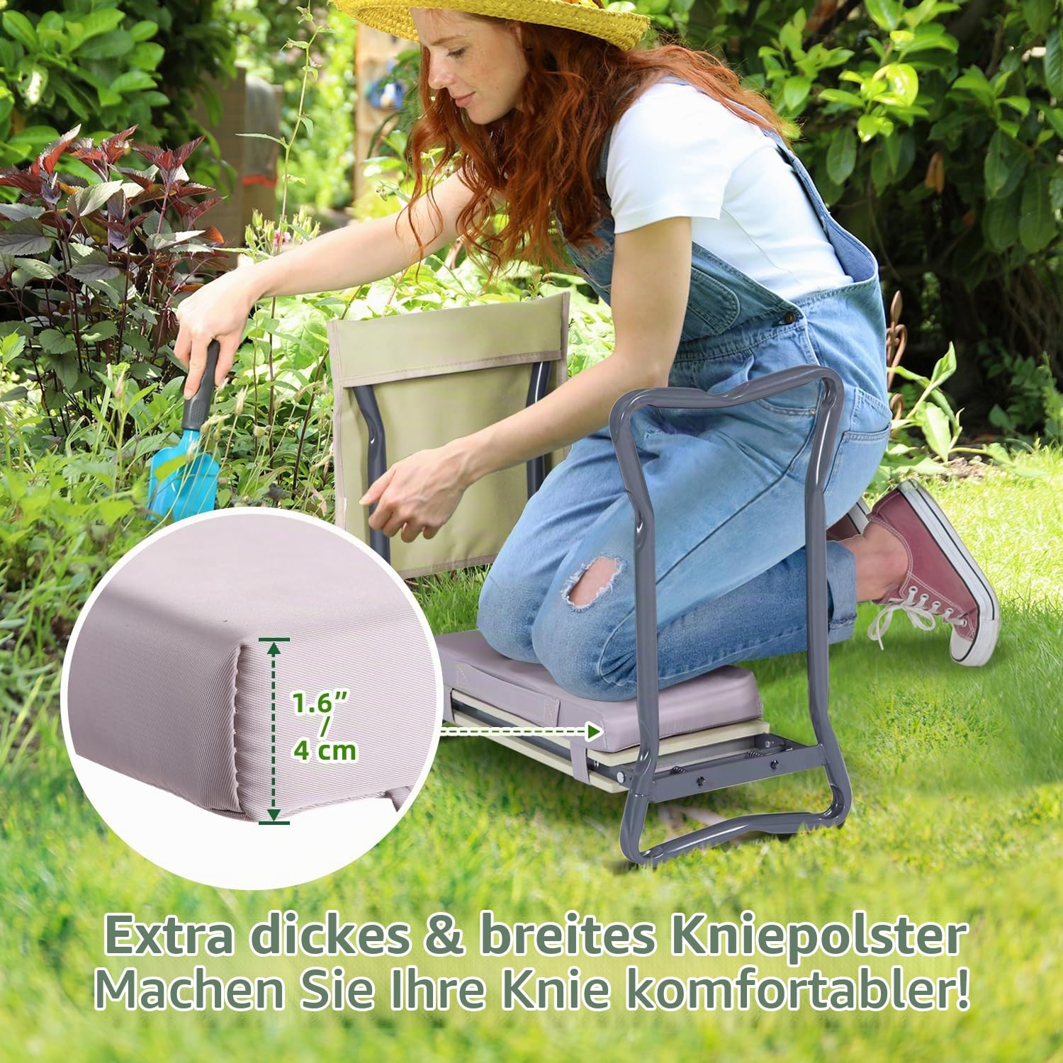 Ohuhu Kniebank für Gartenarbeit mit Werkzeugtasche und weichem Kissen | 2-in-1 Klappbare Garten-Kniebank & Gartenhocker, EVA-Schaumkissen, bis 150 kg Tragkraft, tolles Geschenk für Gärtner