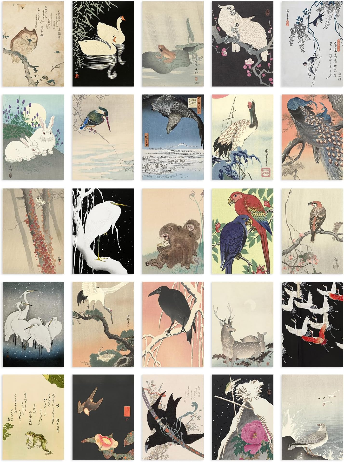 Artery8 50 Pcs Japanese Art Collage Kit Ohara Koson Woodblock Paintings Wall Art Prints A6 Set Pack 14.8 x 10.5 cm (5.8 x 4.1) Room Decor Poster Collection Kachō-e
