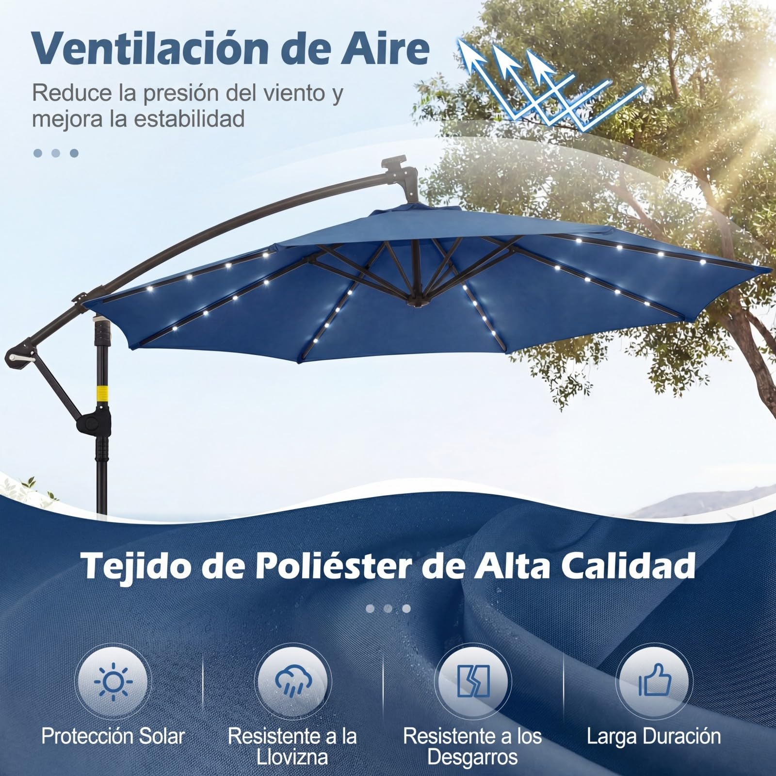 COSTWAY Sombrilla Terraza Exterior con Base, Parasol Excentrico con 32 Luces LED, Rotación de 360°, Manivela, Sacos de Arena, Sombrilla Jardín Grande para Patio Terraza (300 x 300 cm（con Luz）,Azul)