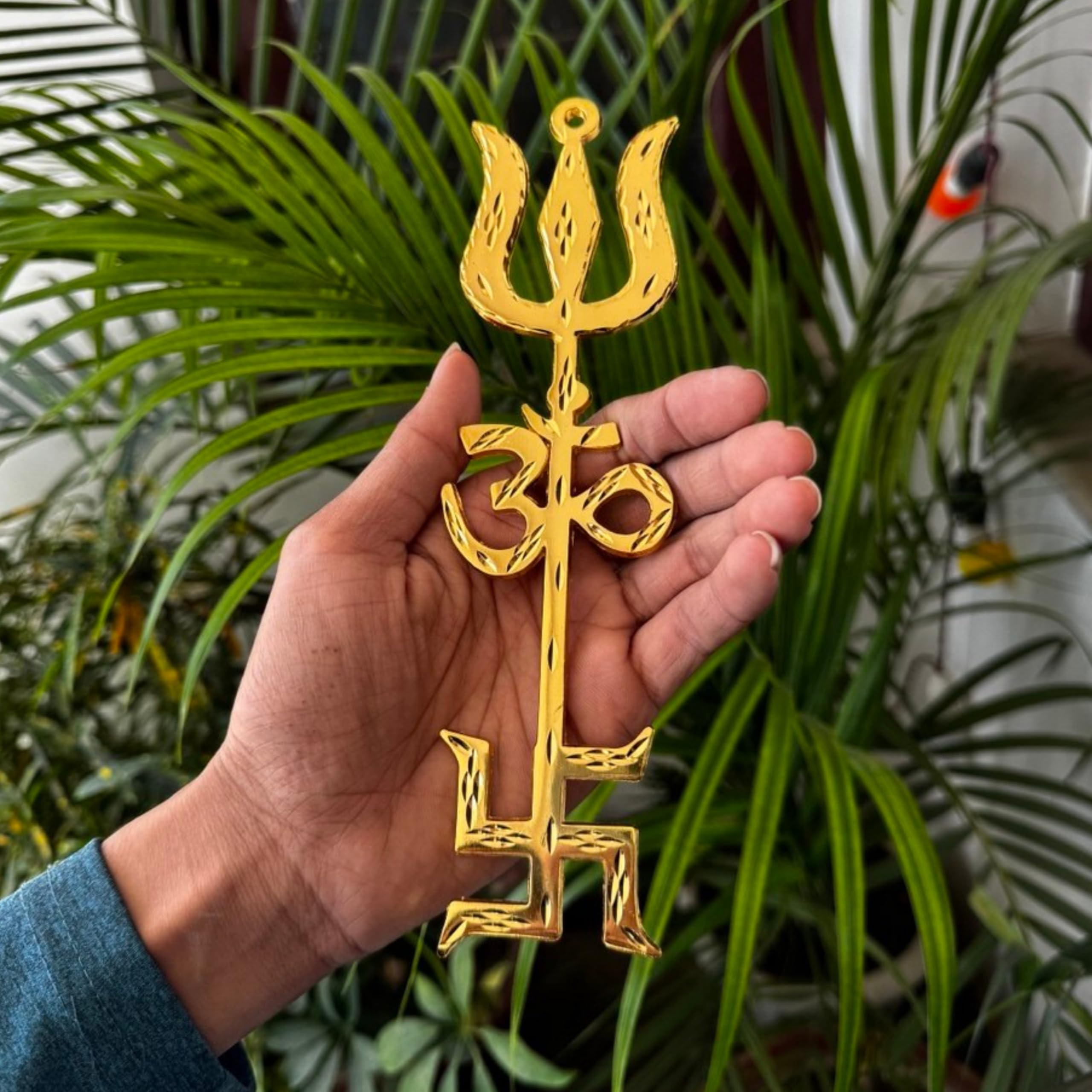 Brass Trishakti Yantra Wall Hanging for Door Entrance (Set of 1) | Swastik Om Trishul for Vastu Protection, Positive Energy & Home Temple Decor | OZONATURALS-image-42
