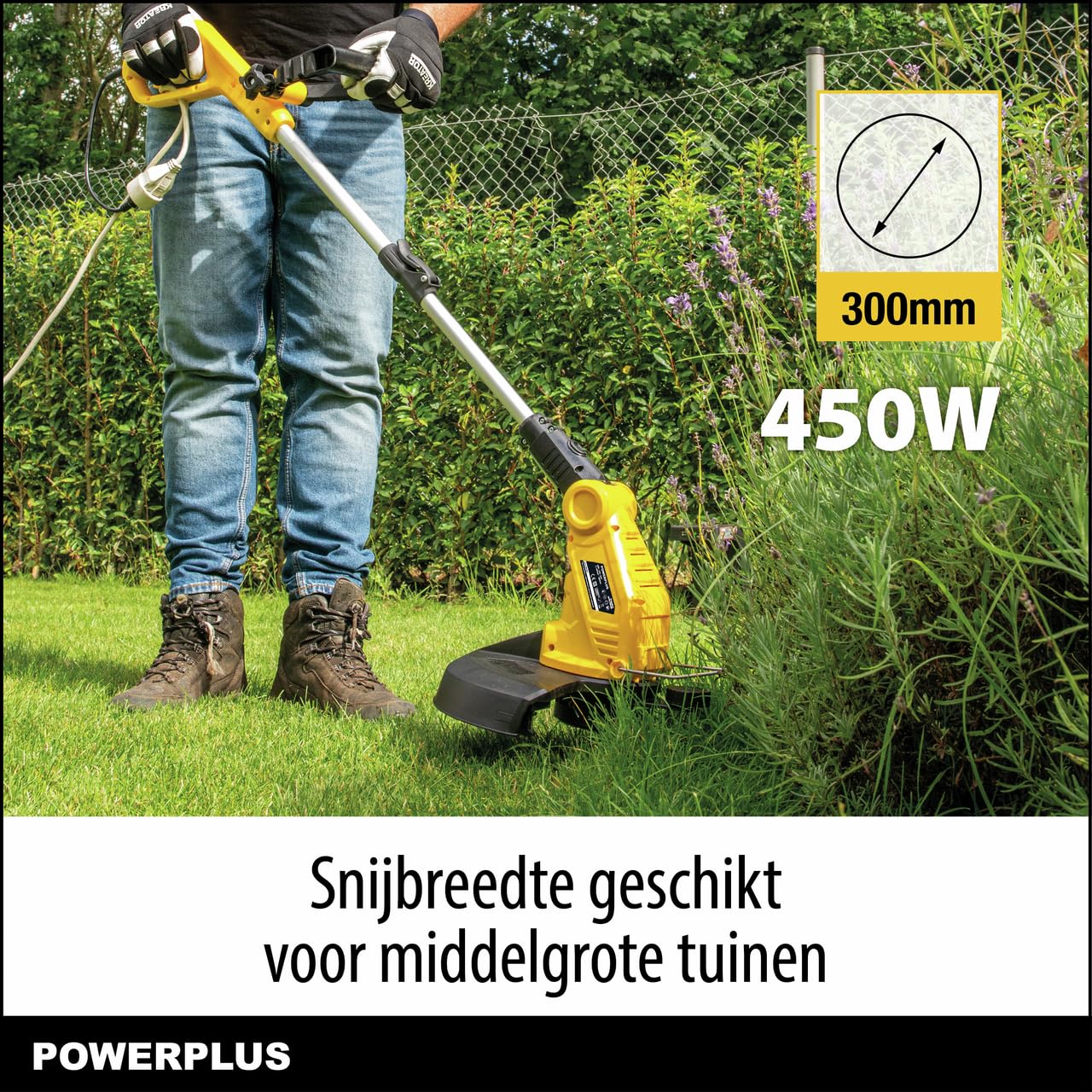 POWERPLUS Tosaerba elettrico POWXG30031-450 W e 300 mm Ø, strumento da giardino 2 in 1 come tosaerba e boratrice per il tuo giardino