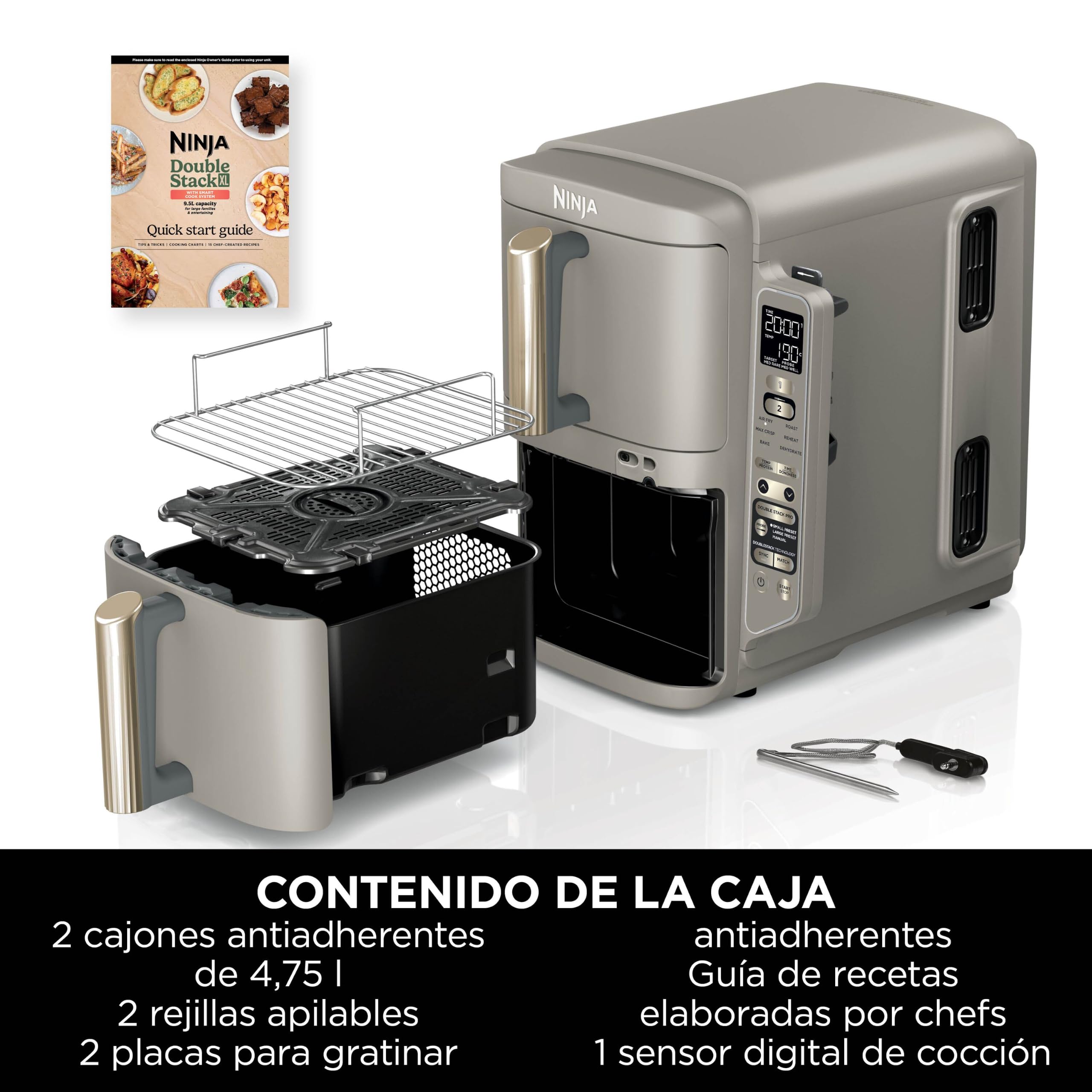 Ninja Double Stack XL, Freidora de Aire, 9,5L, Piedra Dorada, SL451EUSD | Freidora de Aire Vertical de Doble Cajón, 4 Niveles de Cocción, 2 Rejillas, con Sensor Digital de Cocción