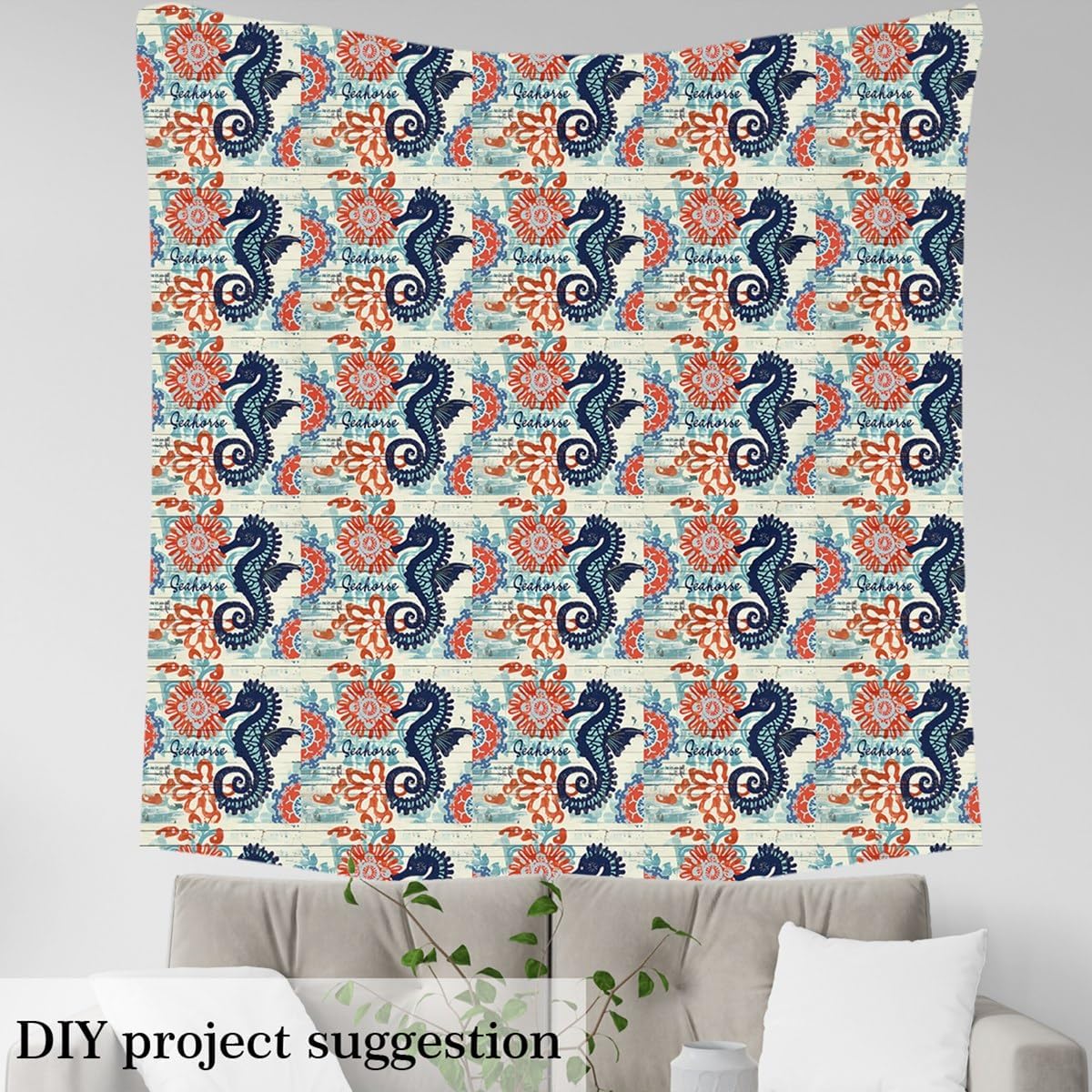 Erosebridal Seahorse Soft Not Stretchy Decor Boho Tie-Dye Flannel Fabric by The Yard for Kids Teens Adults Watercolor Graffiti Nautical Red Teal Blue Upholstery Decor DIY Art Decor 2 Yards
