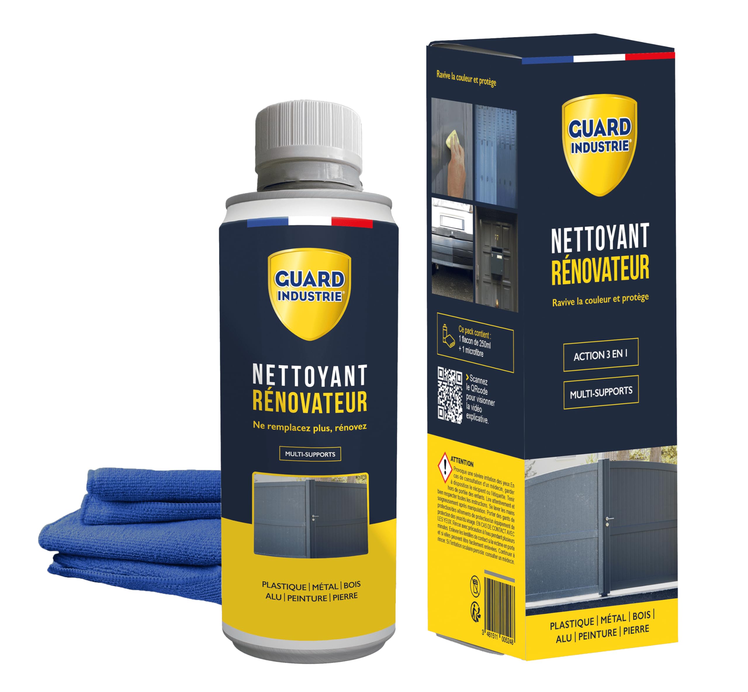 GUARD INDUSTRIE - Nettoyant Rénovateur - Ravive Couleurs Peinture, Plastique, Métal – Antitache 5 ans – 250 G-Traite 2 Portes et 10 Fenêtres - Chiffon microfibre inclus