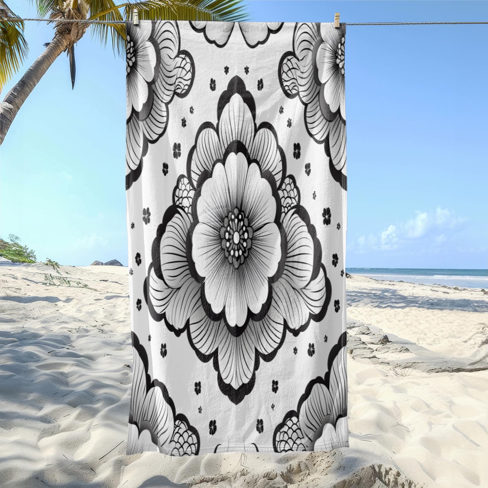 Serviette de Plage Fleur Noire Grise Drap de Plage Anti Sable Portable Serviette de Bain XXL Piscine Toilette Sport Microfibre Ultraléger Towel Absorbant Séchage Rapide 200x200cm