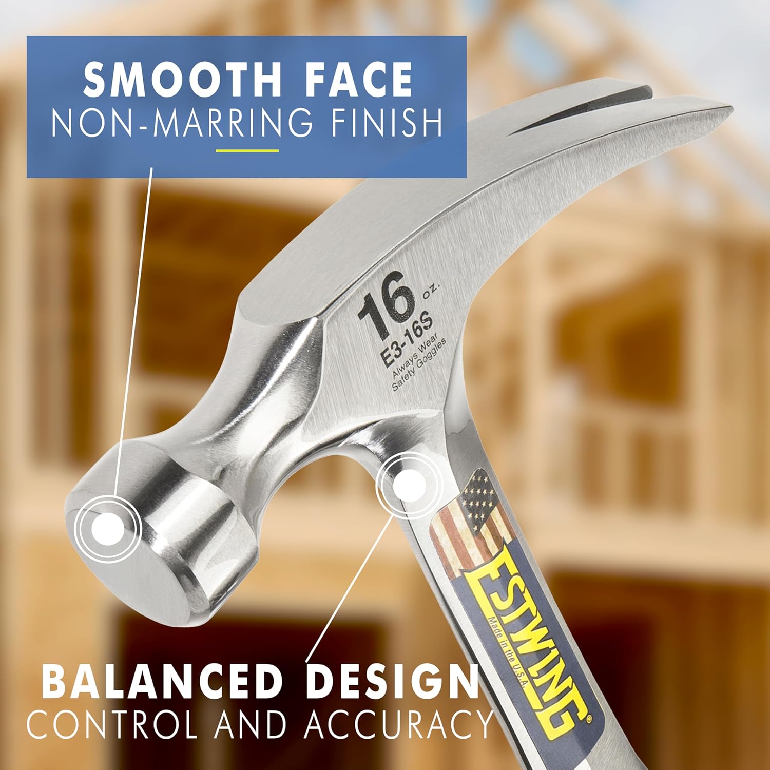 ESTWING Hammer - 16 oz USA Made Straight Rip Claw Hammer with Smooth Face & Shock Reduction Grip - E3-16S