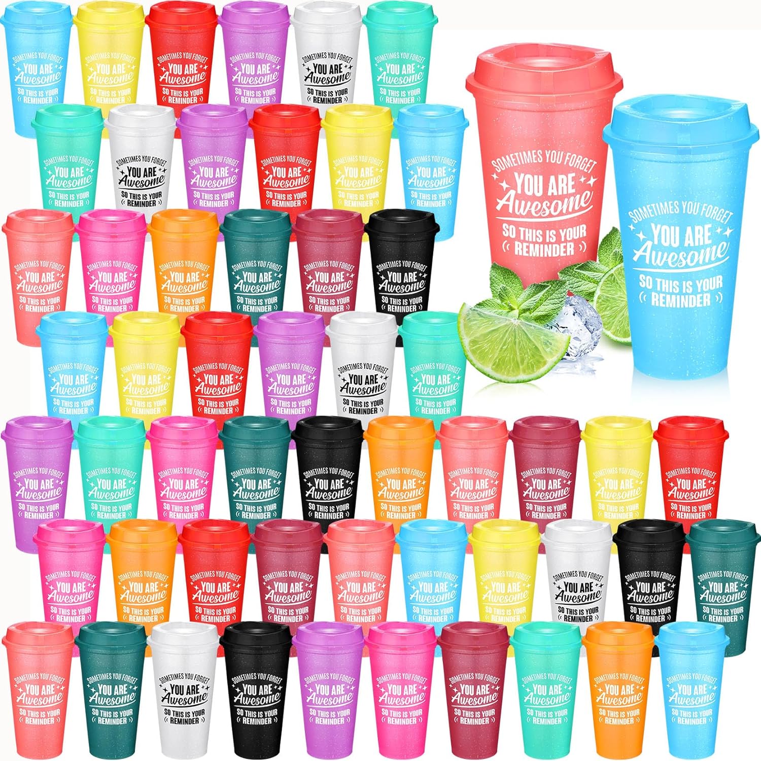 Skylety Thank You Gifts You Are Awesome Coffee Cups with Lid 16 oz Plastic Tumblers Bulk Inspirational Reusable Appreciation Gift for Employee Coworker Teacher Colleague(Classic Colors,48 Pcs)