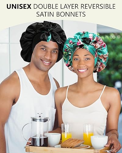 Miniatura 2 de AWAYTR Gorro de satén de seda para mujer, gorro de dormir reversible con banda de corbata, gorro de noche (verde + negro) 7 78-8