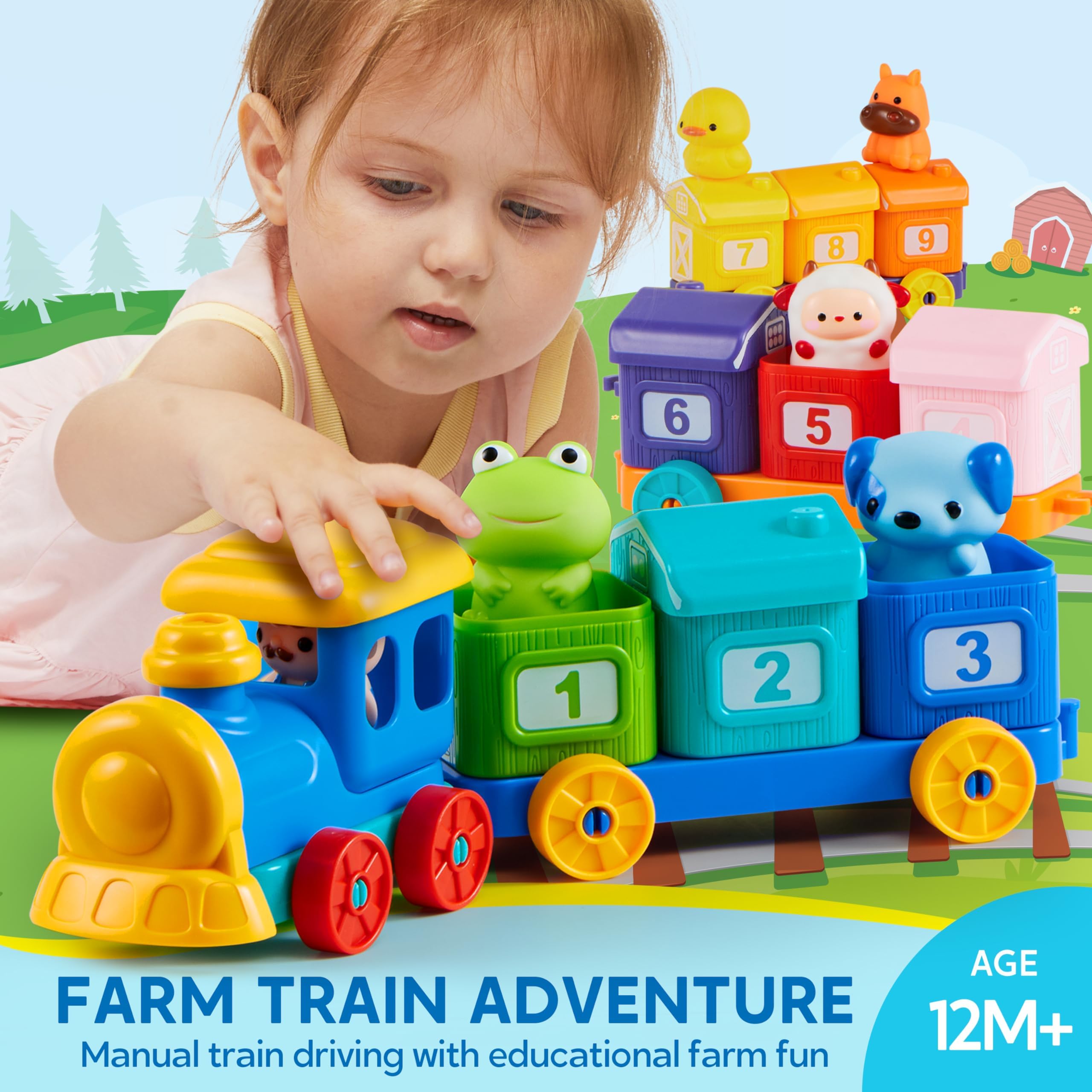 Play-Act Montessori Tren de Granja para Contar, Combinar y Clasificar, Incluye 9 Animales Granja y 1 Granjero, Aprendizaje para Niños 1-3 Años
