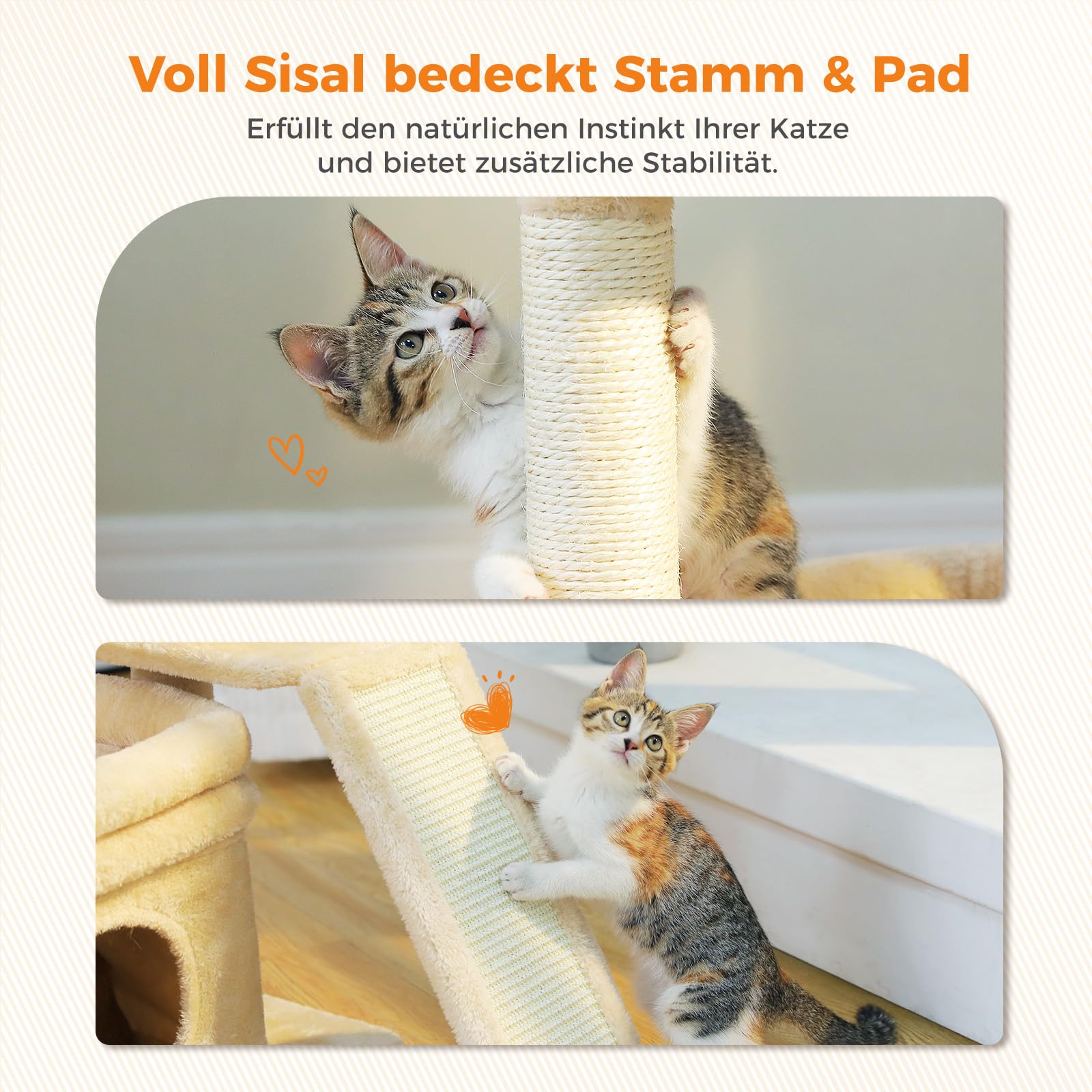 PETEPELA Kleiner Kratzbaum für große ausgewachsene Katzen mit breiter oberer Liegefläche, privater Katzenhöhle und Sisal-Kratzsäule，Kratzpad für Wohnungskatzen,beige