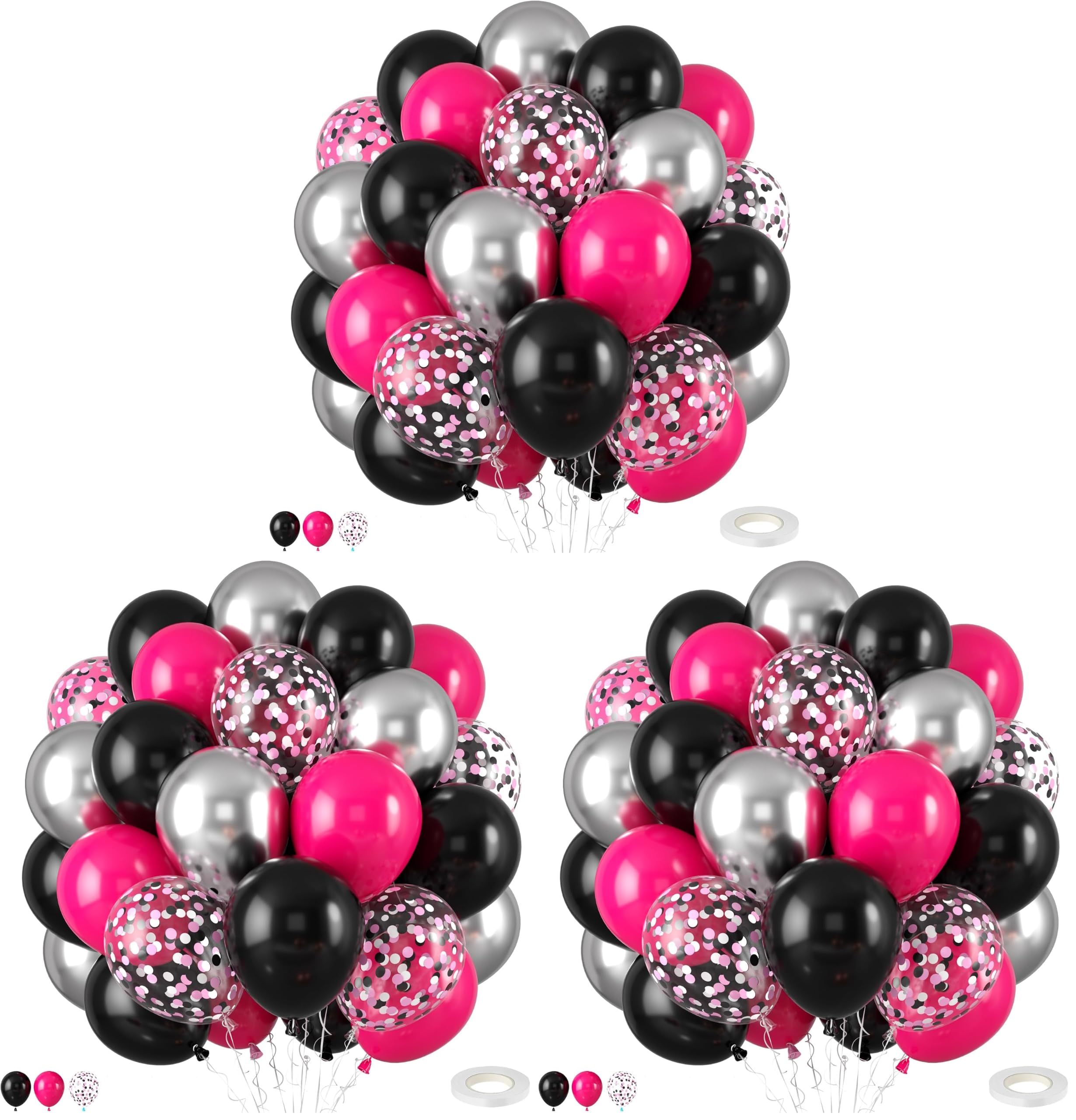 Hot Pink and Black Balloons,50PCS 12 Inch Black Pink and Silver Confetti Balloons with Ribbon,for Girls Wedding Bridal Shower Birthday Party Decorations (Pack of 3)