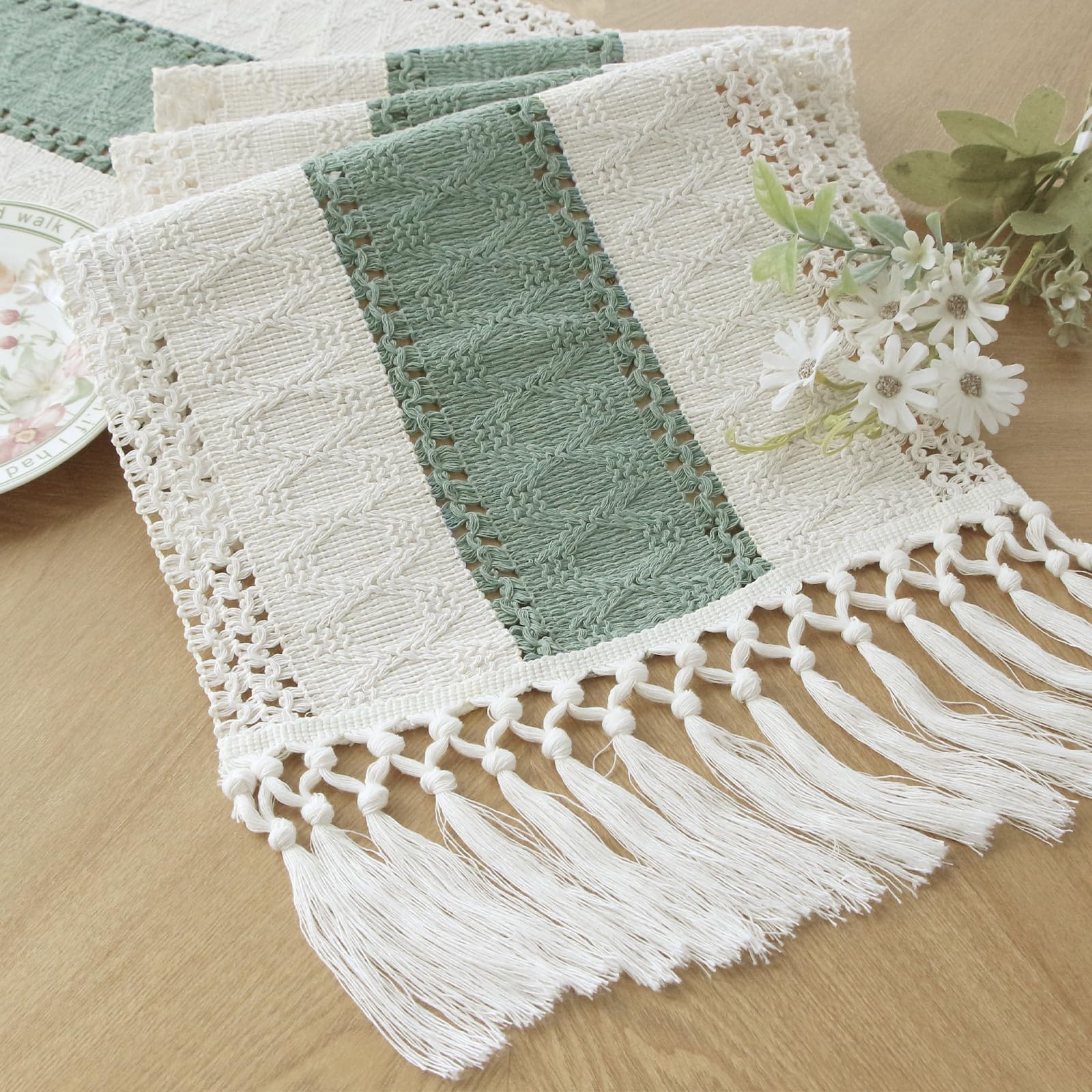 FEXIA Sage Green Table Runner 36 Inches Long with Tassels Boho Macrame Farmhouse Table Runners for Home Decor Party Bohemian Rustic Bridal Shower