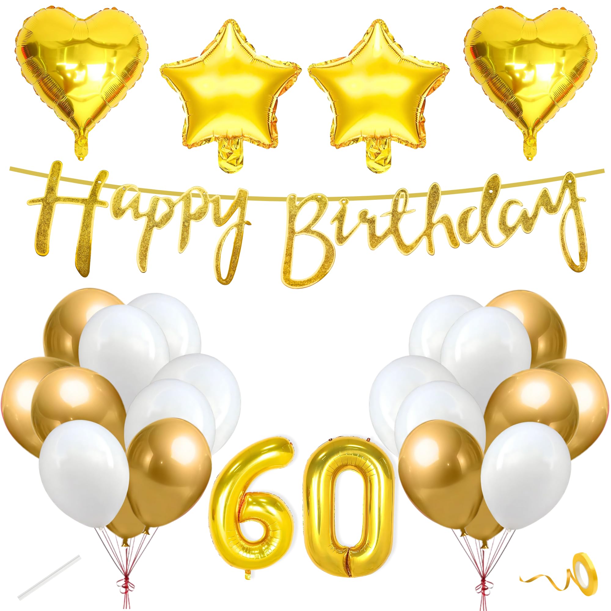 60th Happy Birthday Decoration Kit Gold White for Boys Girls Men Women Husband Wife Adults With 20 Pcs Chrome Balloons Birthday Banner 4 Pcs Star Heart Items Set Golden-image-32