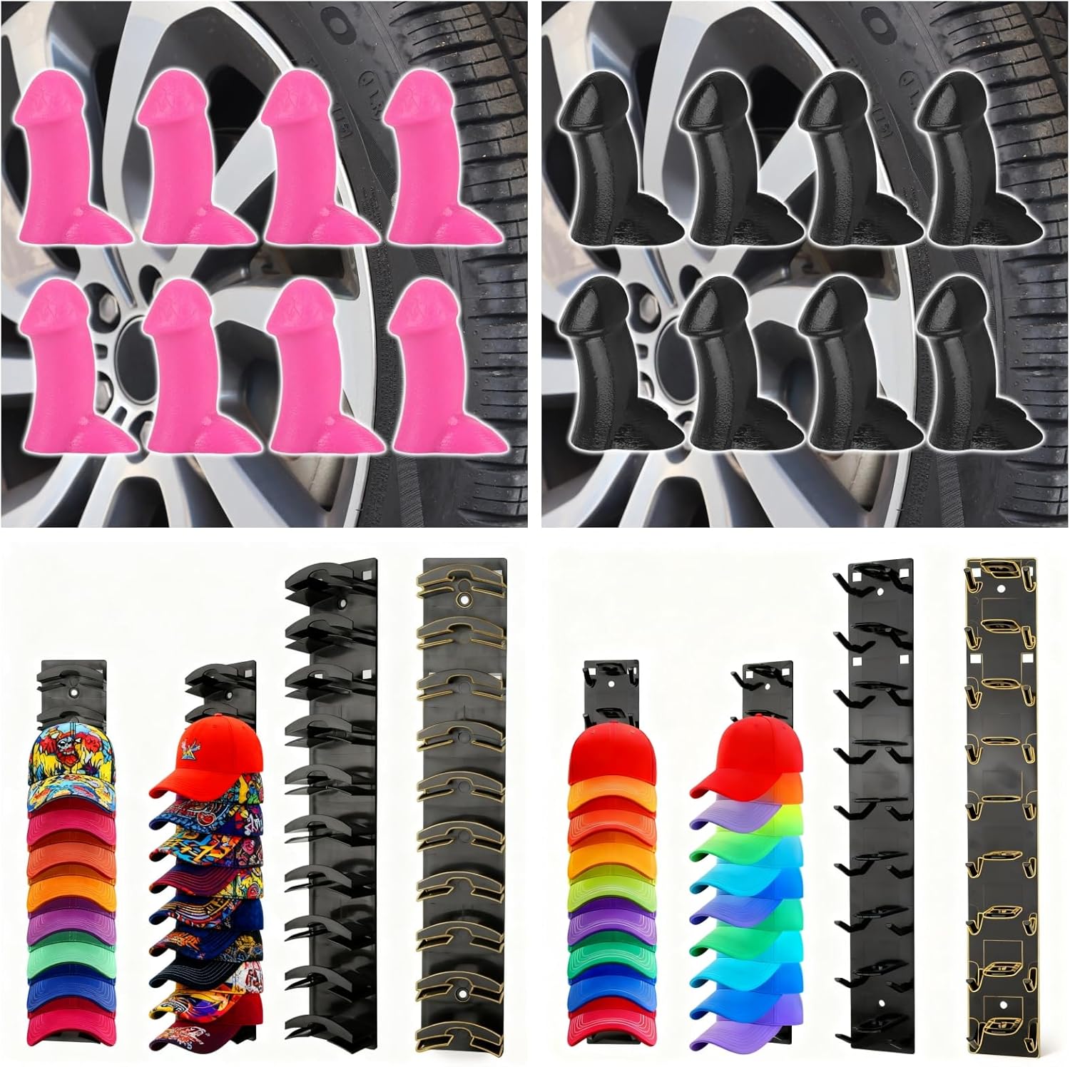 Penis Valve Stem Covers & Hat Organizer Bundle Set – Funny Tire Valve Caps for Cars Bikes + Wall-Mounted Baseball Cap Rack, Gag Gift for Adults, Friends & Car Enthusiasts