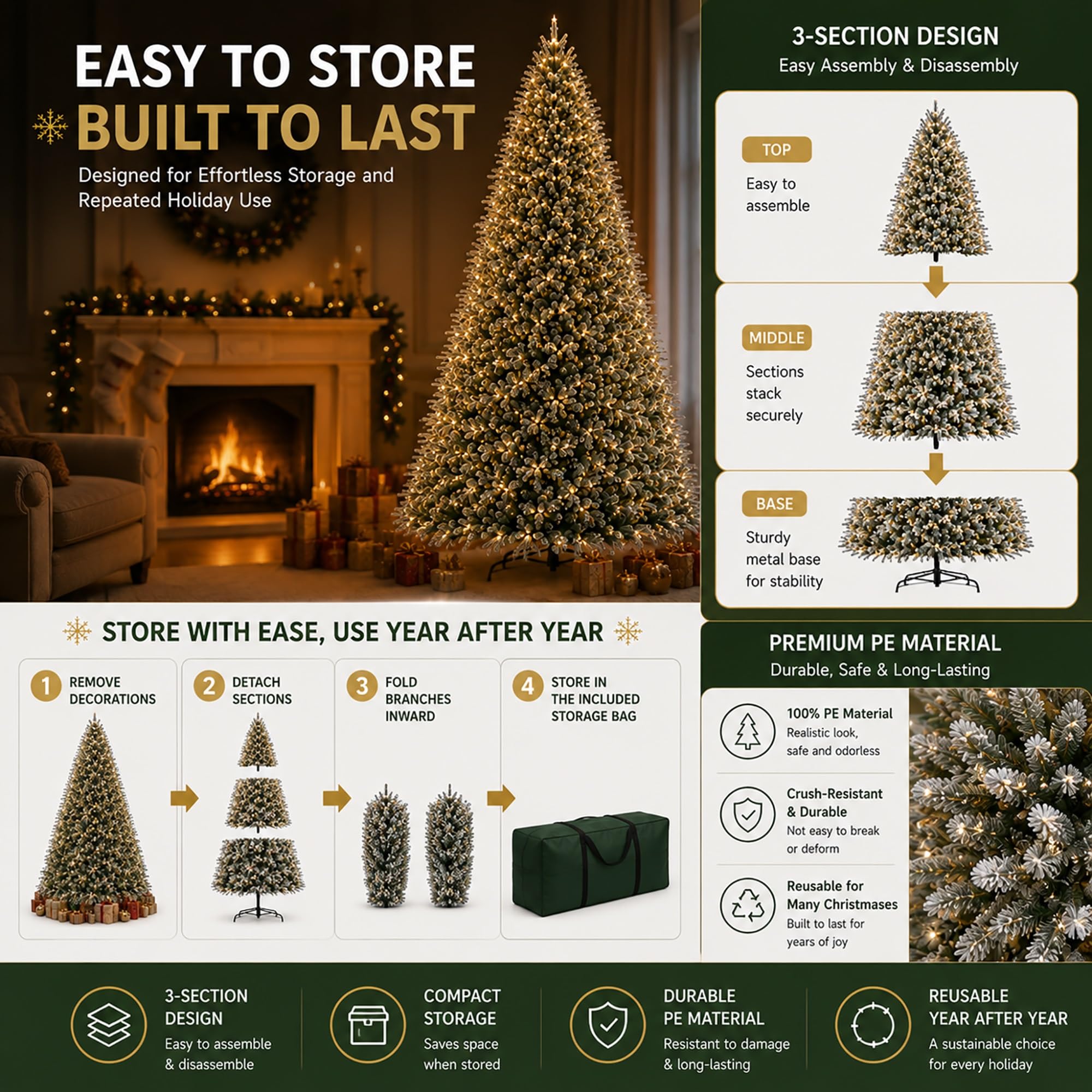 Árbol de Navidad Artificial de PE 360CM, Arbol Navidad Nevado Preiluminado