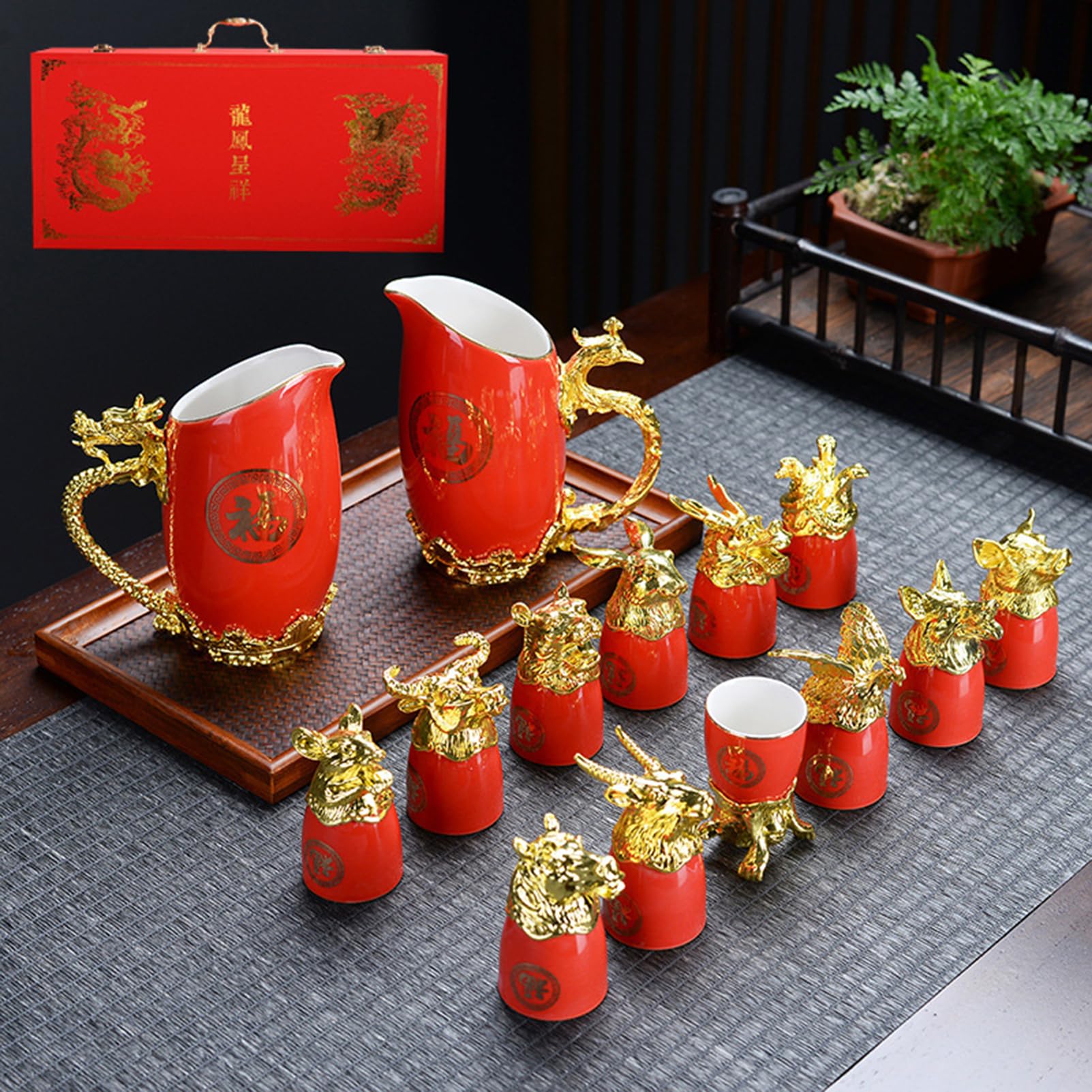 GTHTUHFD Creative Ceramic Wine Pot Wine Glass Set,Red Whisky Decanter Set, 12 Animals Zodiac Wine Cups Jug Chinese Dragon And Phoenix Pot With Gift Set For Husband, Dad Boyfriend,Style 2