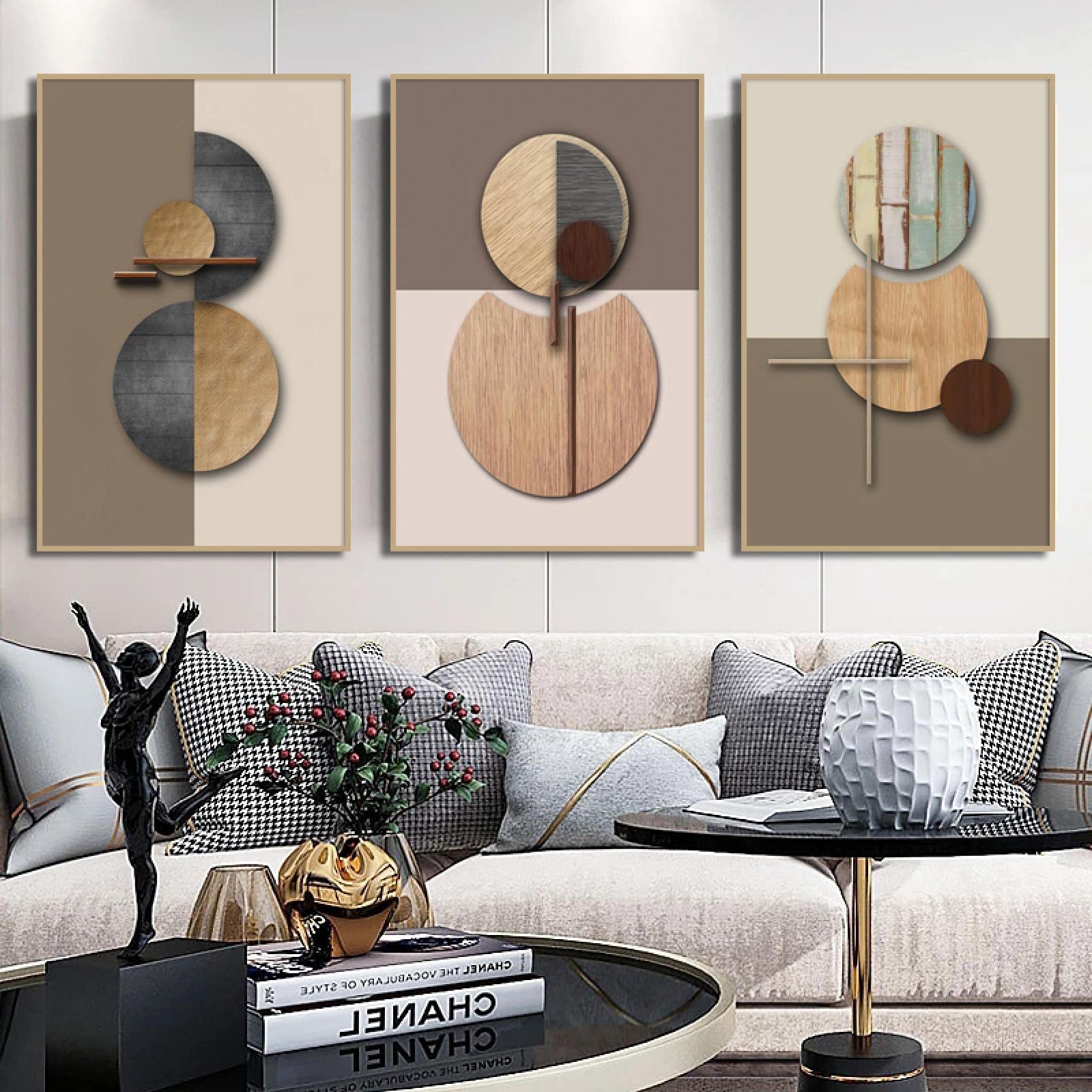 Abstrakcyjne geometryczne koła Wall Art brązowy beżowy obraz na płótnie dekoracje biurowe minimalizm plakaty nowoczesne obrazy ścienne wystrój pokoju 40x30cmx3pcs wewnętrzna ramka