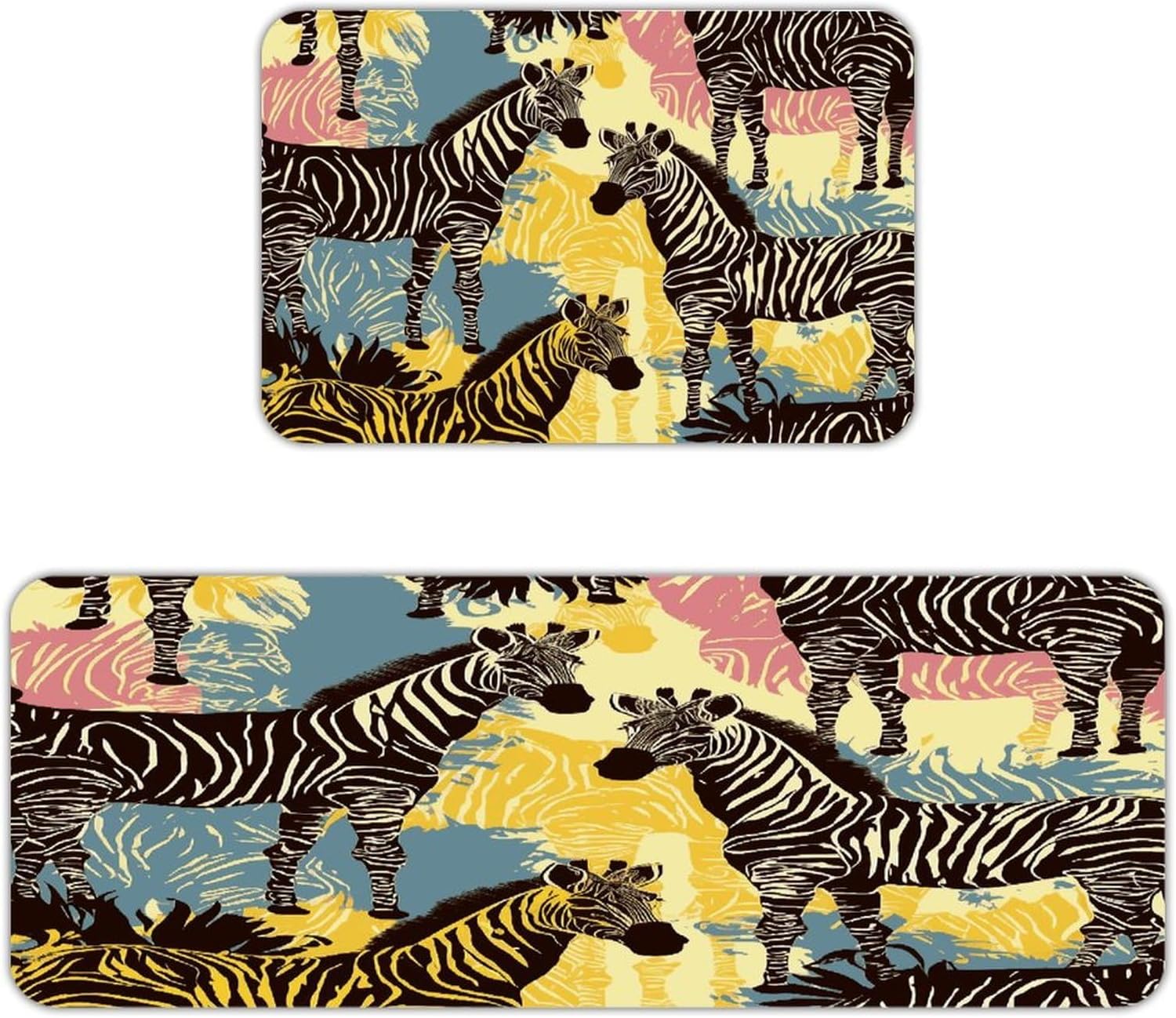 Giraffe and Zebra Kitchen Mats with 2PCS Non-Slip Washable,Kitchen Rug Heavy Duty Durable, Floor Mats for Kitchen,Office,Sink,Laundry