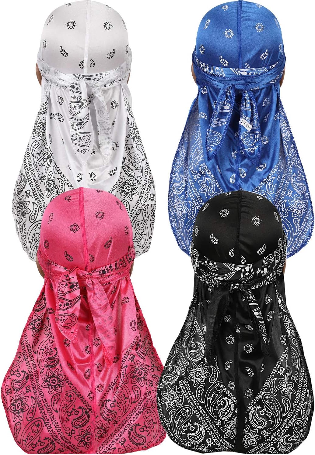 4 Pieces Paisley Durag Silky Pack for Men 360 Waves Paisley Bandana Doo Rag Cap