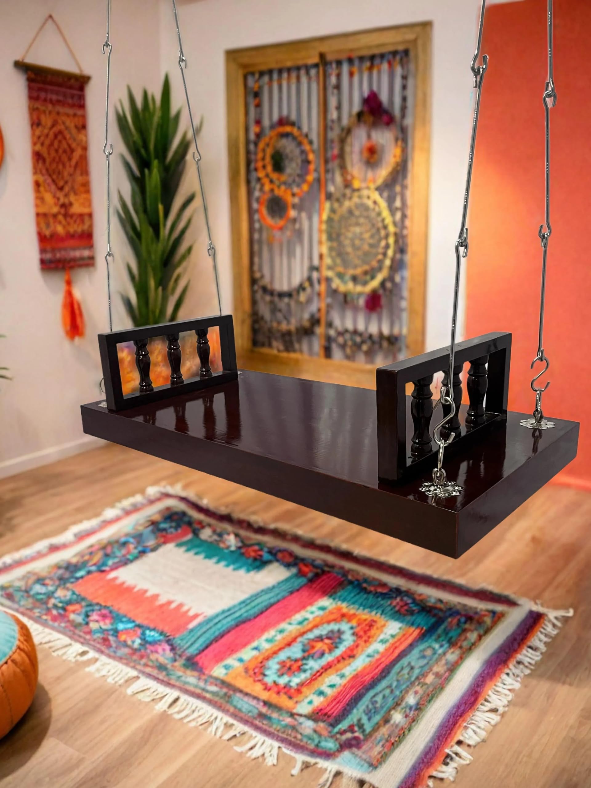 Jairi Traders Plank Wooden Swing Indoor Outdoor Teak Wood Hand Support(4x2 Feet) Carving Pillar Work with Brass Coated Accessories-image-48