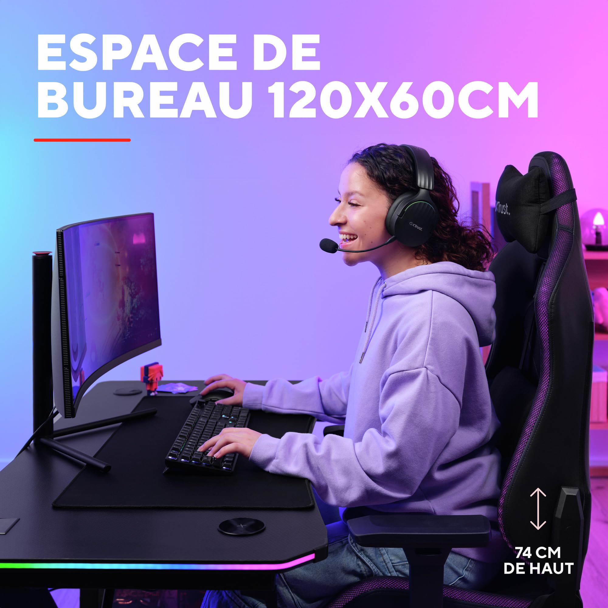 GXTrust Luminus Pro Bureau Gaming 120x60 cm avec LED RGB, Noir
