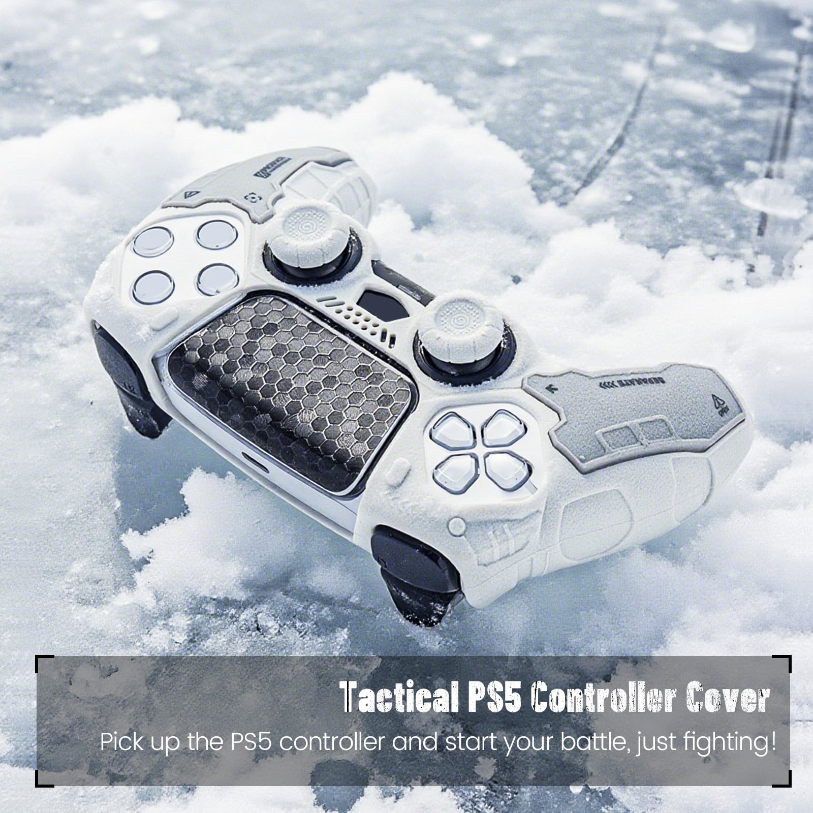 GeekShare G.S.TAC Taktyczny zestaw skórki do kontrolera PS5, antypoślizgowy silikonowy pokrowiec ochronny kompatybilny z kontrolerem bezprzewodowym PS5 z 2 nakładkami na kciuk i 2 naklejkami (biały)