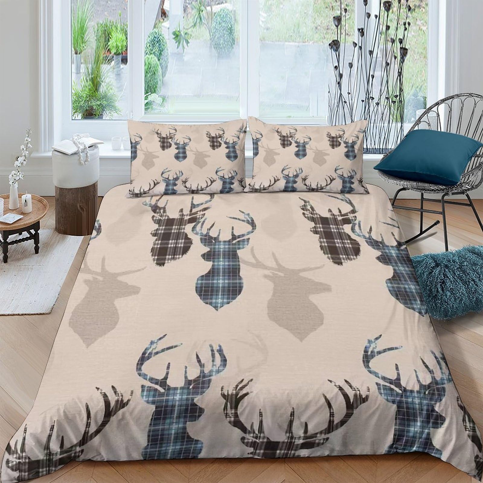 GPLZQXKJNH 3D Printed Deer Antler Duvet Cover Set Microfiber Soft Breathable Plaid Stag Bedding Set with 2 Pillowcases for Bedroom Home Single（135x200cm）