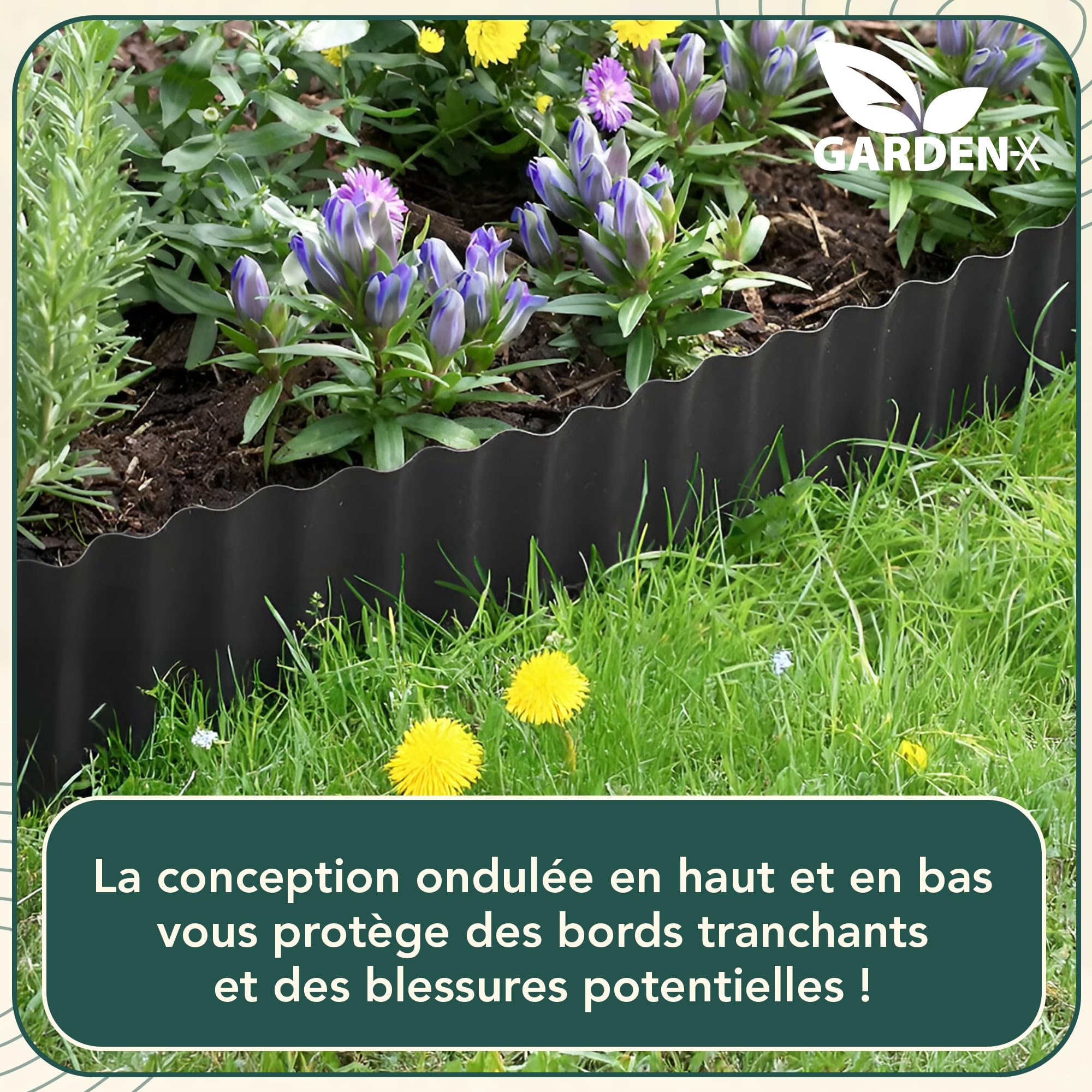 GARDENIX Bordure de lit en Carton ondulé Bordure de Parterre de Fleurs Bordure de lit en Plastique Longueur 9 m, Hauteur 20 cm, Gris Clair