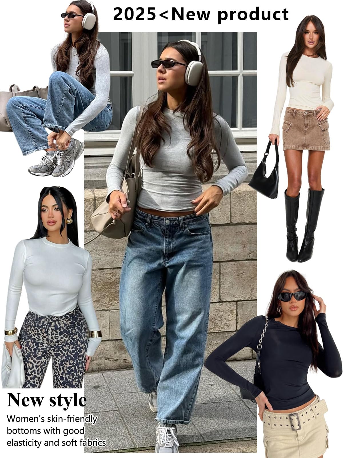 Yutdeng T-shirt à manches longues pour femme - Élégant - Col rond - Stretch - Coupe ajustée - Haut court Y2K - T-shirt basique confortable - Haut décontracté - Couche de base fine - Chaud