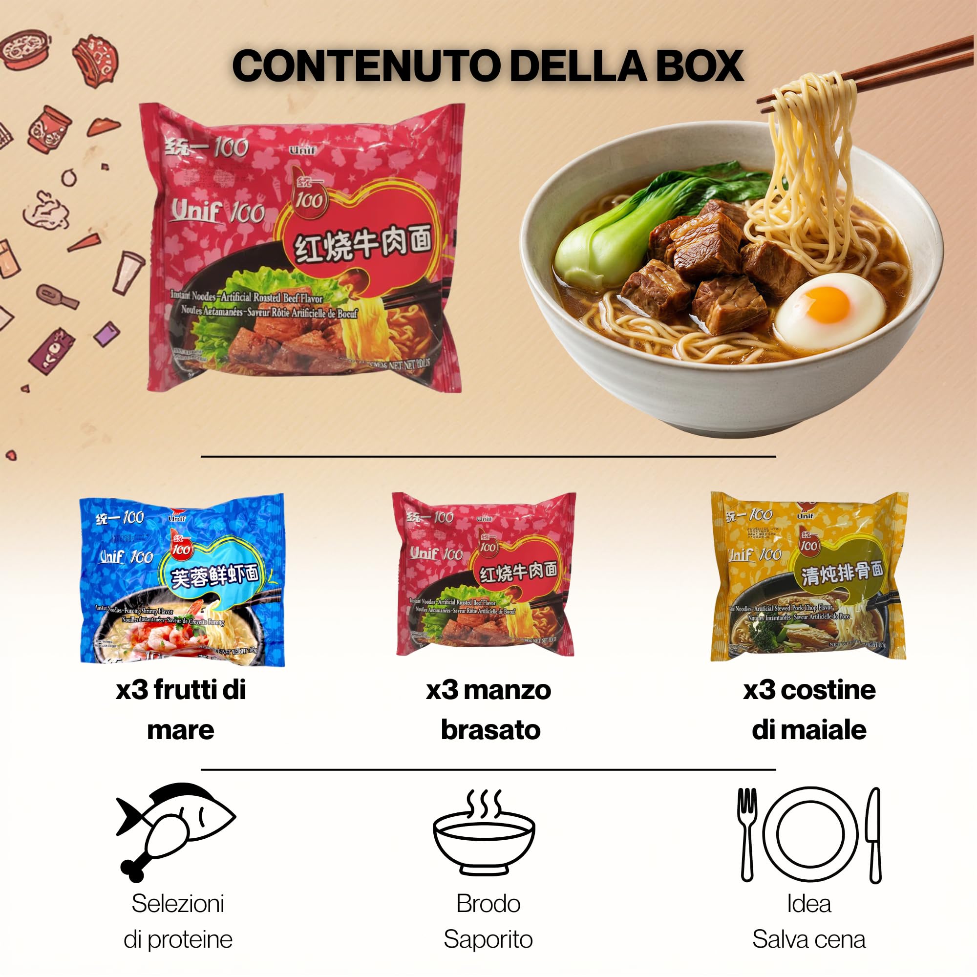 HU TASTE Kit Ramen Istantaneo UNIF Selezioni Brasate: Manzo, Costine di Maiale e Frutti di mare - Noodles Giapponesi e Cibo Cinese Pronto - Box Regalo Cucina Orientale e Asian Food - 9 Pack