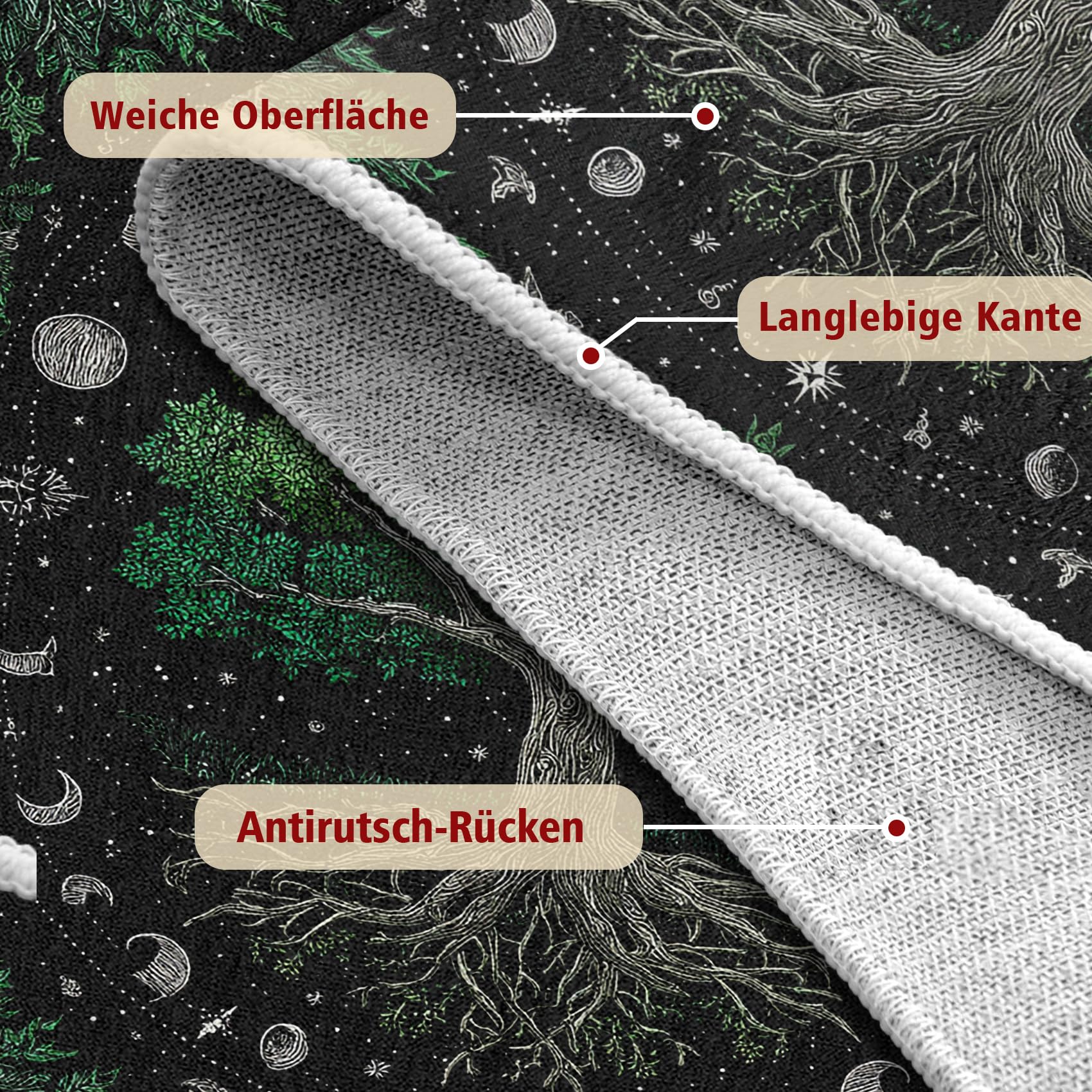 Generisch Grün Lebensbaum Teppich Wohnzimmer 140x200, Hippie Sonne Mond Trippy Teppiche Waschbarer & Rutschfester Weicher Kurzflor für Schlafzimmer, Küchenteppich Deko S5d&515