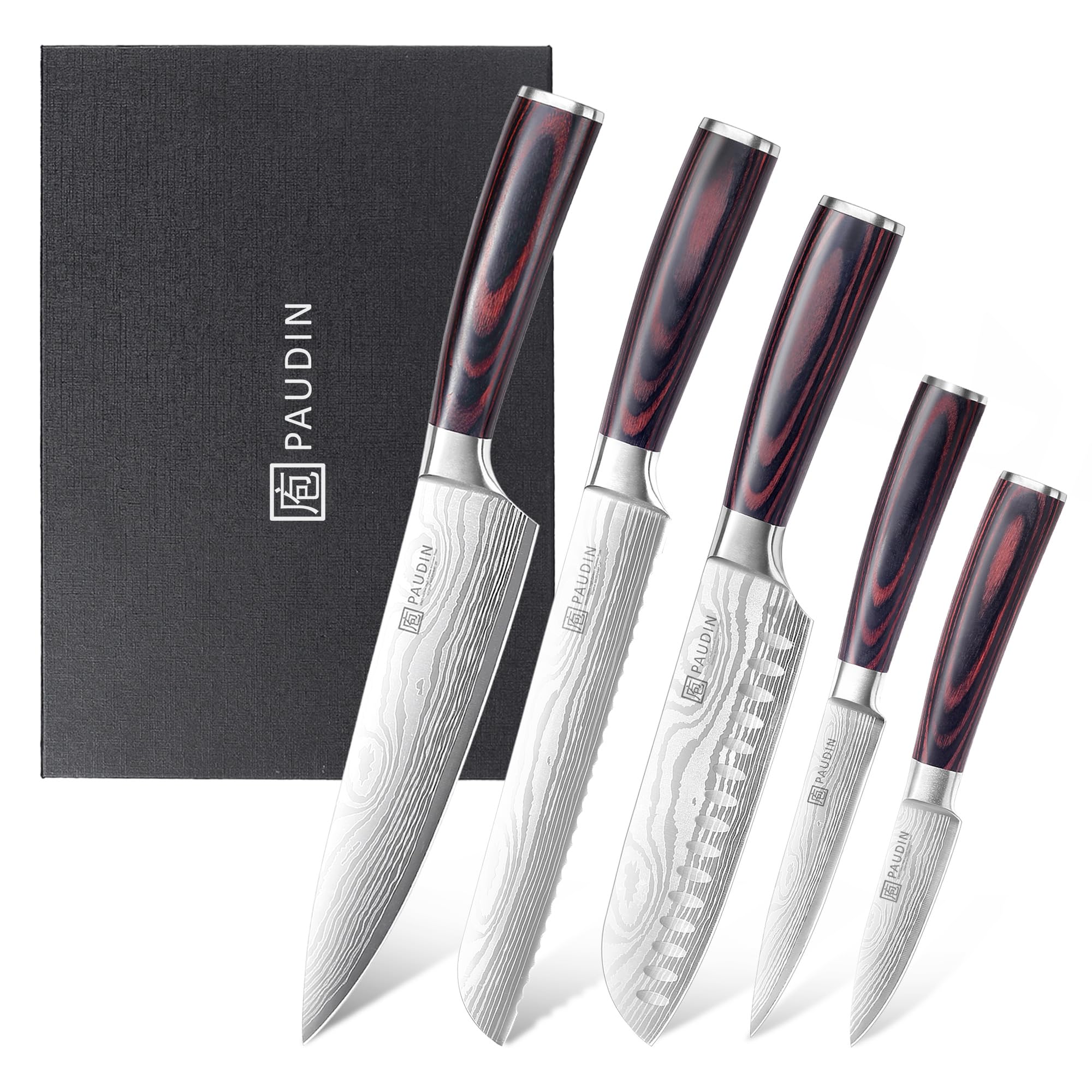 PAUDIN Kitchen Knife Set, Professional Knives Set, Chef Knife Set with Sharp High Carbon Stainless Steel Blade and Pakkawood Handle, Japanese Knife Set with Gift Box (5 PCS Knife Set)
