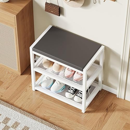 Miniatura 8 de Banco pequeño para zapatos, banco de almacenamiento, banco de entrada, estante de zapatos con cojín de asiento, organizador de zapatos estable para