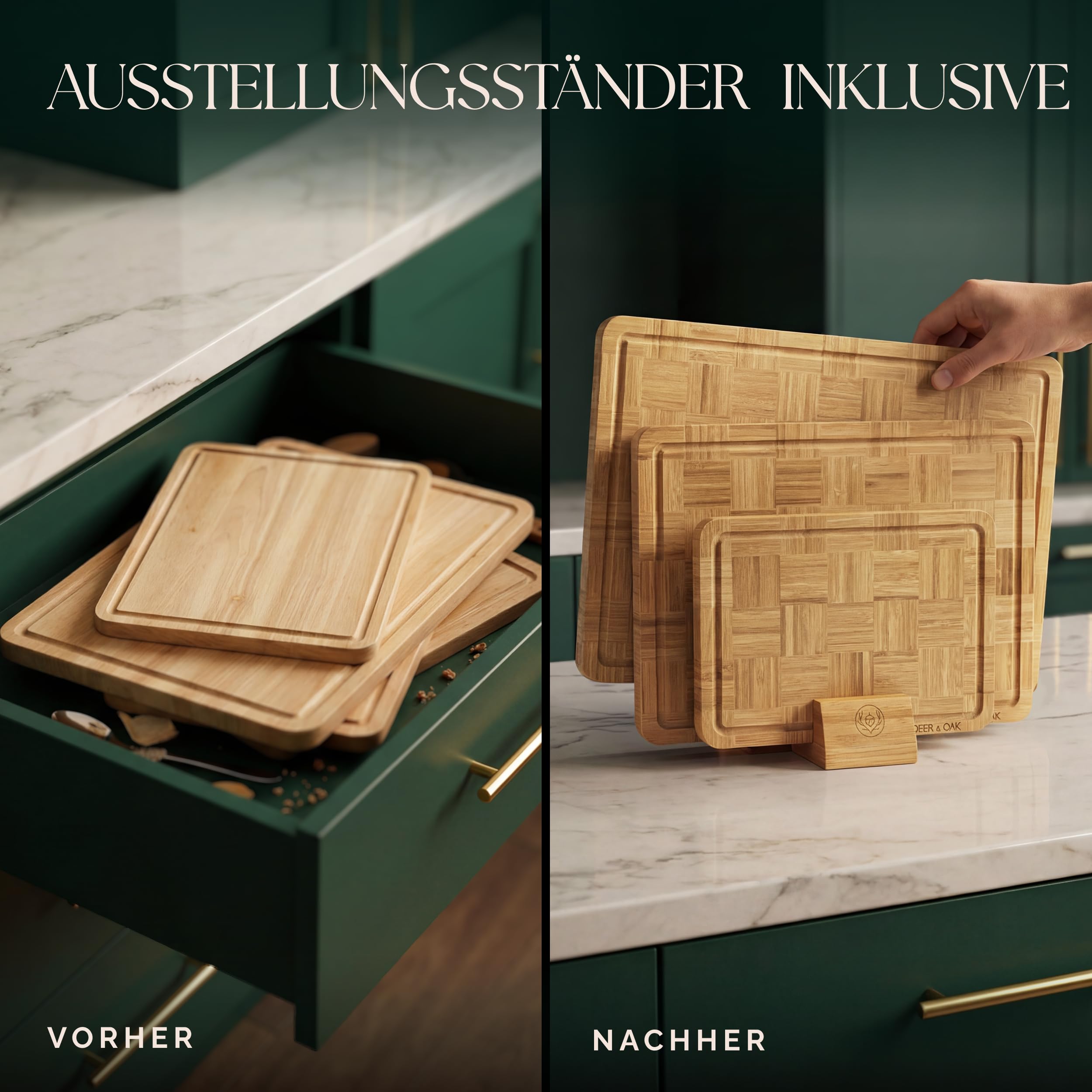 Deer & Oak 3-teiliges Schneidebrett-Set aus karbonisiertem Endkorn-Bambus mit Ständer, vorgeöltes Holz-Schneidebrett-Set, Korbgeflecht-Design, langlebige Metzgerblock-Schneidebretter