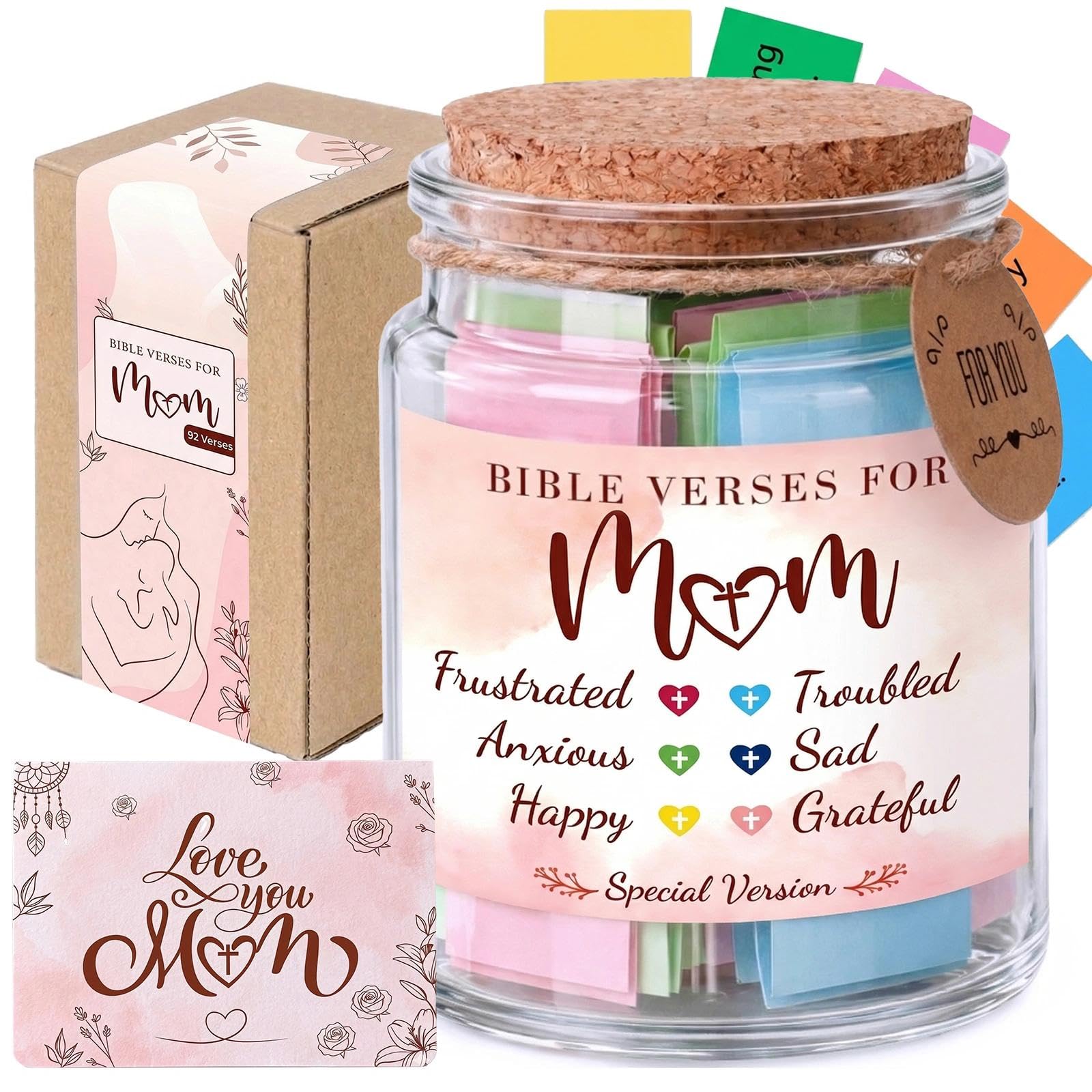 GiftGem Mum Gifts Bible Verse Jar 92 Scripture Cards with Chapter References, Christian Gift for Mother, Spiritual Encouragement Glass Jar, Mum Birthday Gifts, Colour-Coded Keepsake with Gift Box
