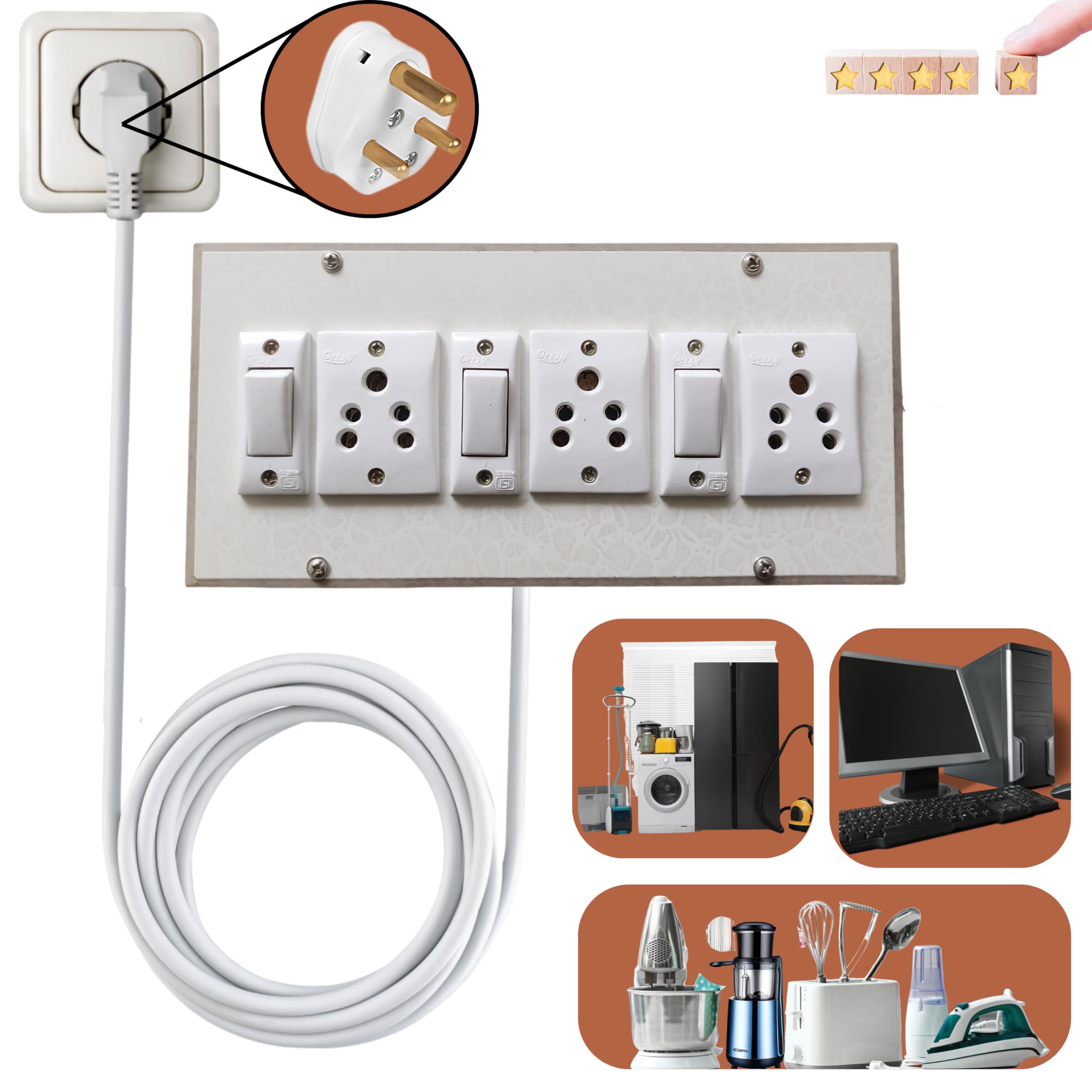 3 Plug 3 Switch Wooden Electric Extension Board with 3 Meter 0.75mm Cable with 3pin top-image-1